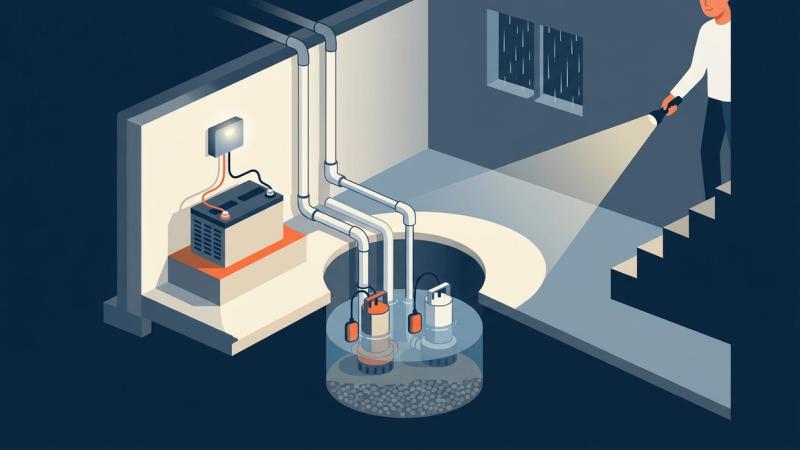 Illustration of a basement sump pit with primary and battery backup pumps running during a stormy power outage