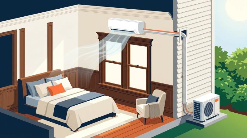 Illustration of a ductless mini-split cooling a historic home bedroom, linked by a slim conduit to an outdoor compressor