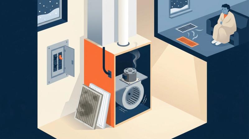 Illustration of a basement furnace cutaway with a smoking blower motor, clogged filter, and tripped breaker panel in winter