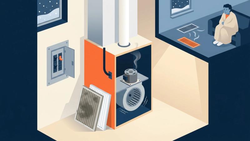 Illustration of a basement furnace cutaway with a smoking blower motor, clogged filter, and tripped breaker panel in winter