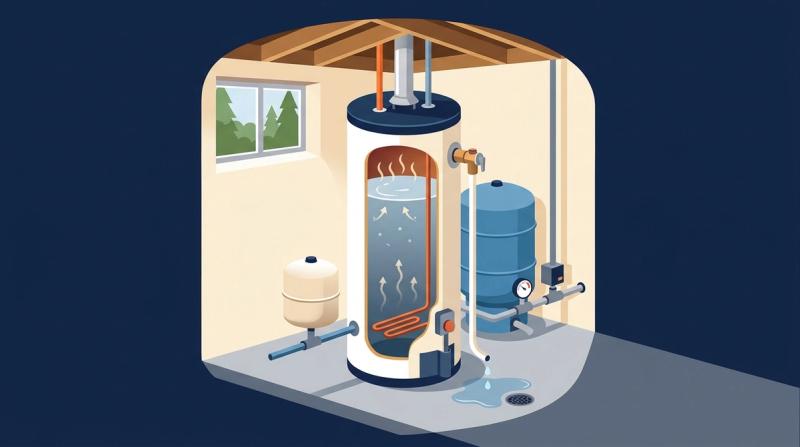 Illustration of a basement water heater with a dripping relief valve beside an expansion tank and a well pressure tank