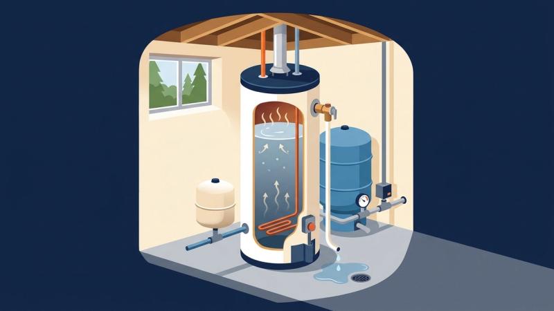 Illustration of a basement water heater with a dripping relief valve beside an expansion tank and a well pressure tank