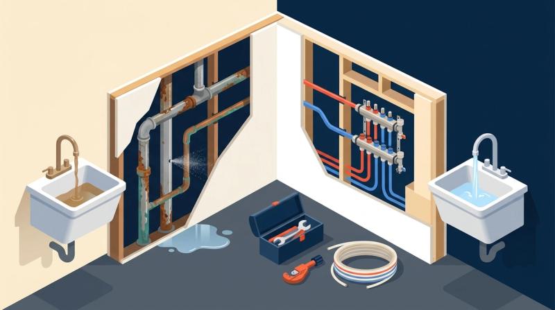 Illustration of a basement wall cutaway comparing rusty, leaking old water pipes with clean new red and blue PEX lines