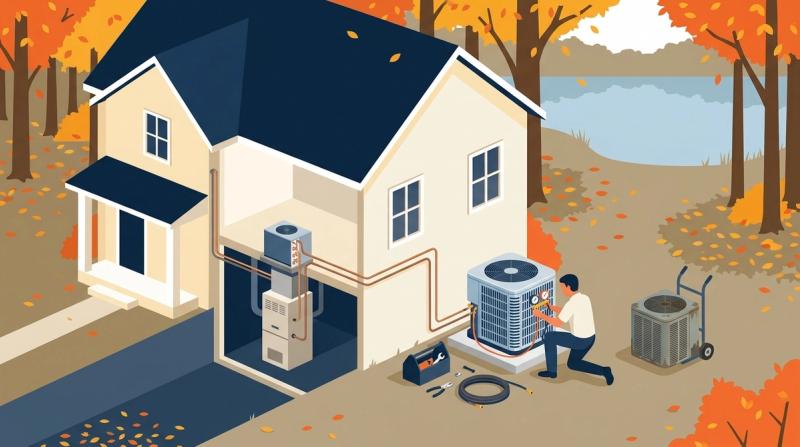 Illustration of a technician installing a new AC condenser beside an autumn home, with the old unit on a hand truck nearby