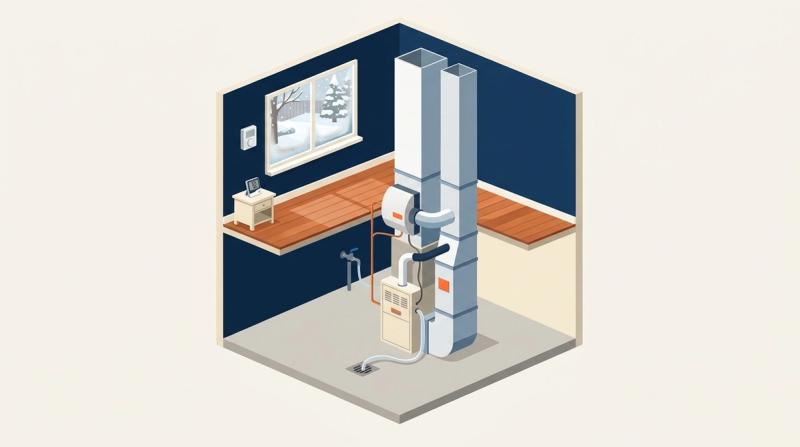 Illustration of a basement furnace with a whole-house humidifier and a living room window with light winter condensation