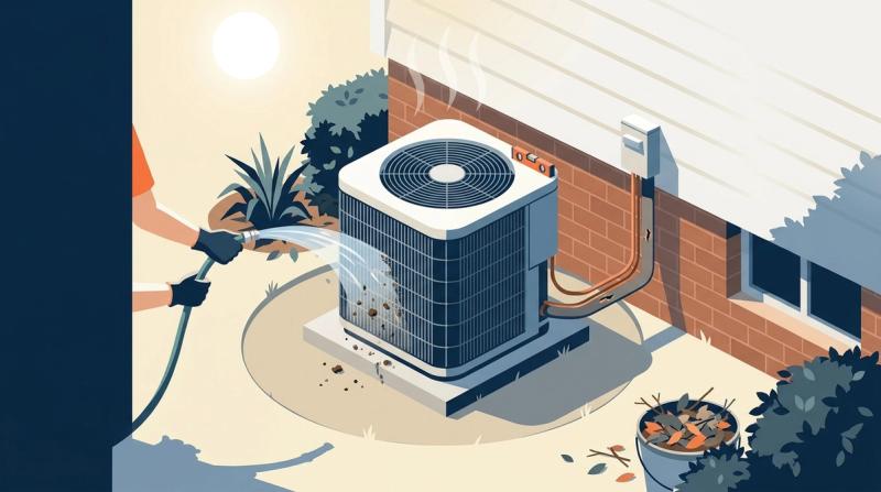 Illustration of a homeowner hosing off an outdoor AC condenser with cleared shrubs and insulated refrigerant lines