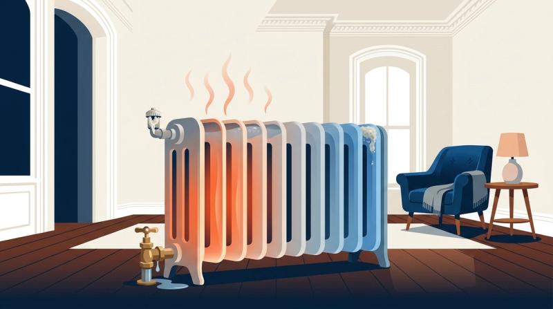 Illustration of a brownstone steam radiator half warm, half cold, with a clogged air vent and trapped air causing a cold spot