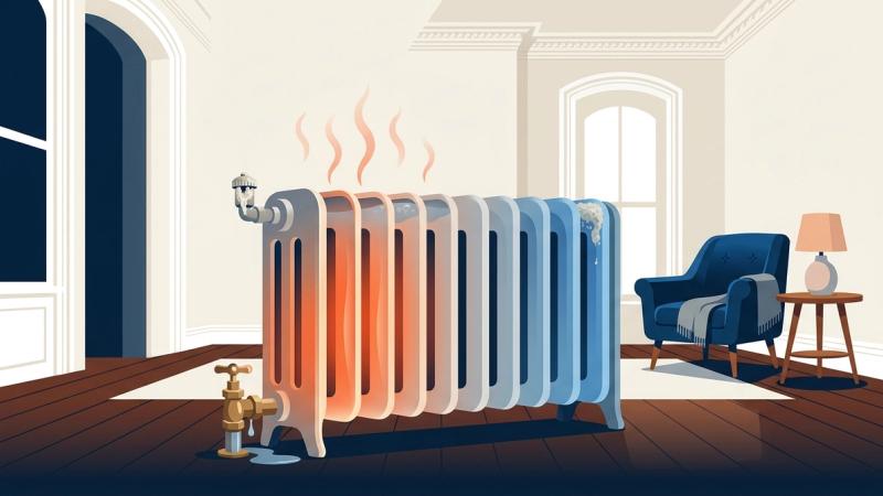 Illustration of a brownstone steam radiator half warm, half cold, with a clogged air vent and trapped air causing a cold spot