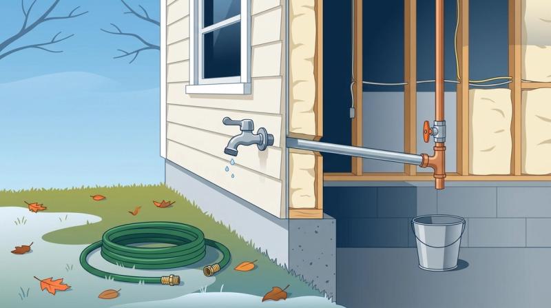 Illustration of a frost-free outdoor faucet cutaway through a house wall with a disconnected hose and basement shutoff valve