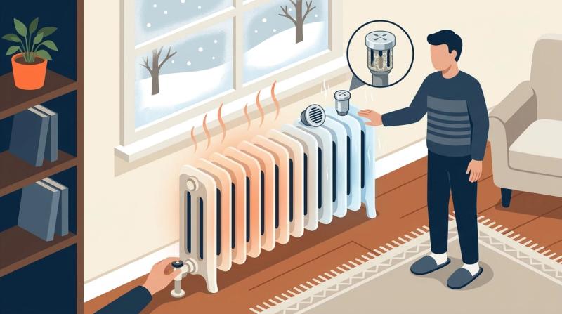 Illustration of a steam radiator, warm on one side and cold near a clogged air vent, with a new replacement vent nearby