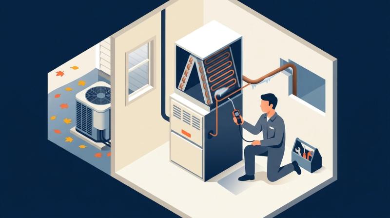 Illustration of a technician checking a frosted evaporator coil on a basement furnace with autumn leaves outside