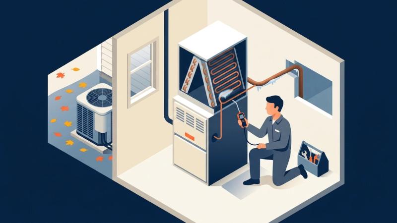 Illustration of a technician checking a frosted evaporator coil on a basement furnace with autumn leaves outside