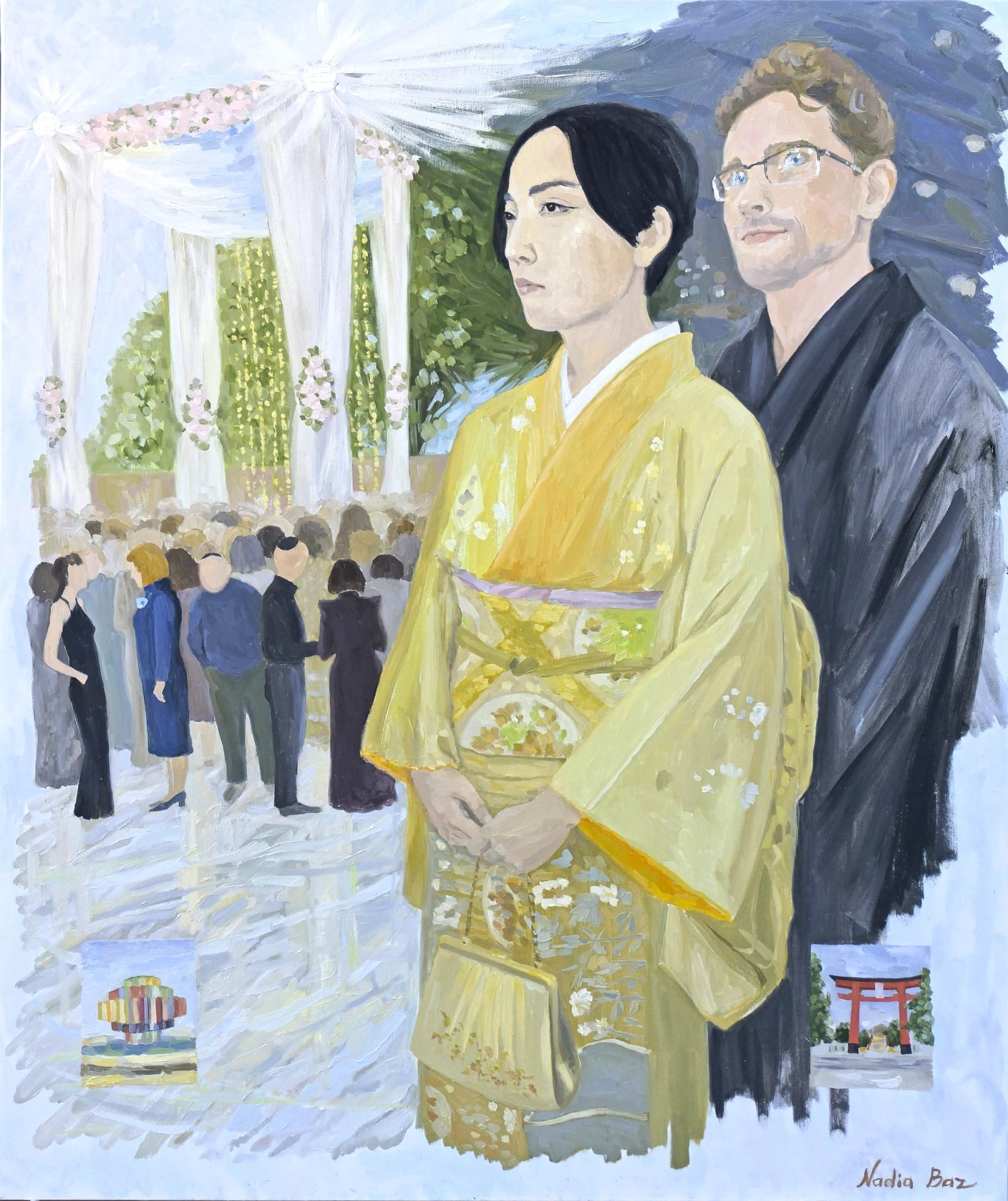 Part of Diptych. Japanese Woman at the Chuppah of Her Sister-in-law, oil on canvas, 90x110, 2025, 90 × 110 ס״מ