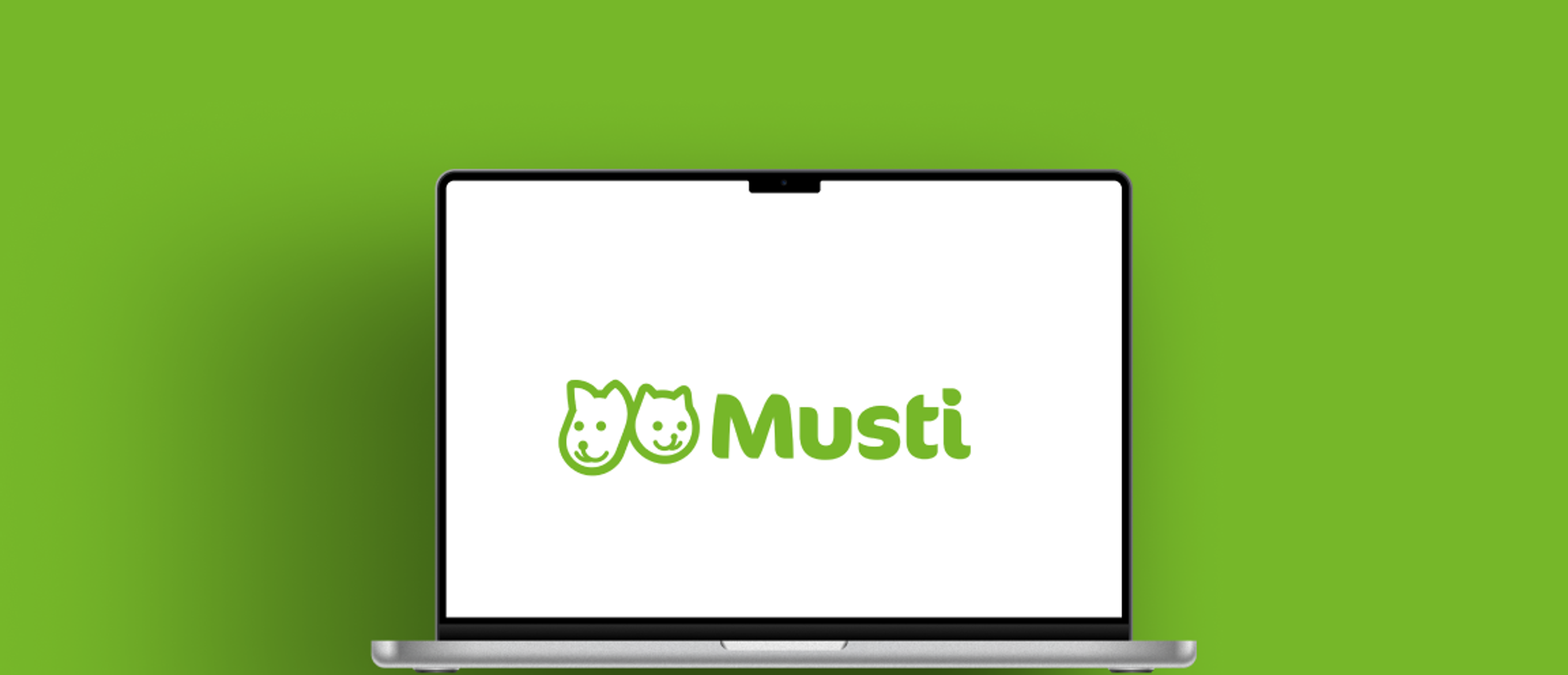 Musti sin logo på en datamaskin og hundepoter