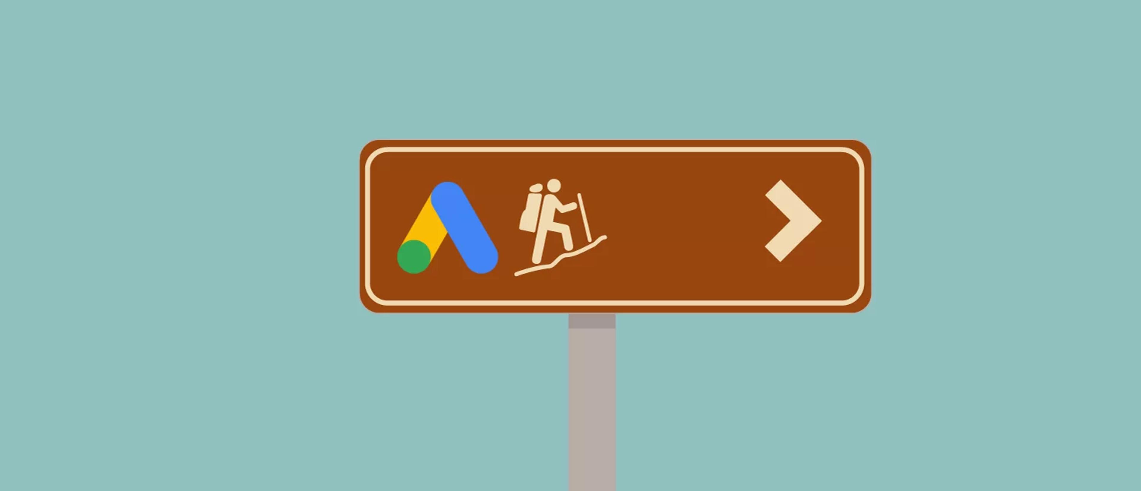Skilt med google ads symbol og en turgåer
