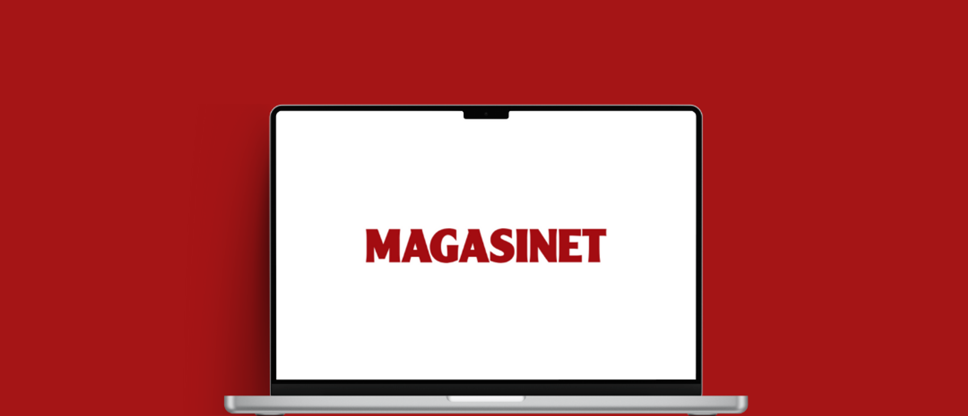 Magasinet sin logo på en hvit skjerm på en oppslått macbook