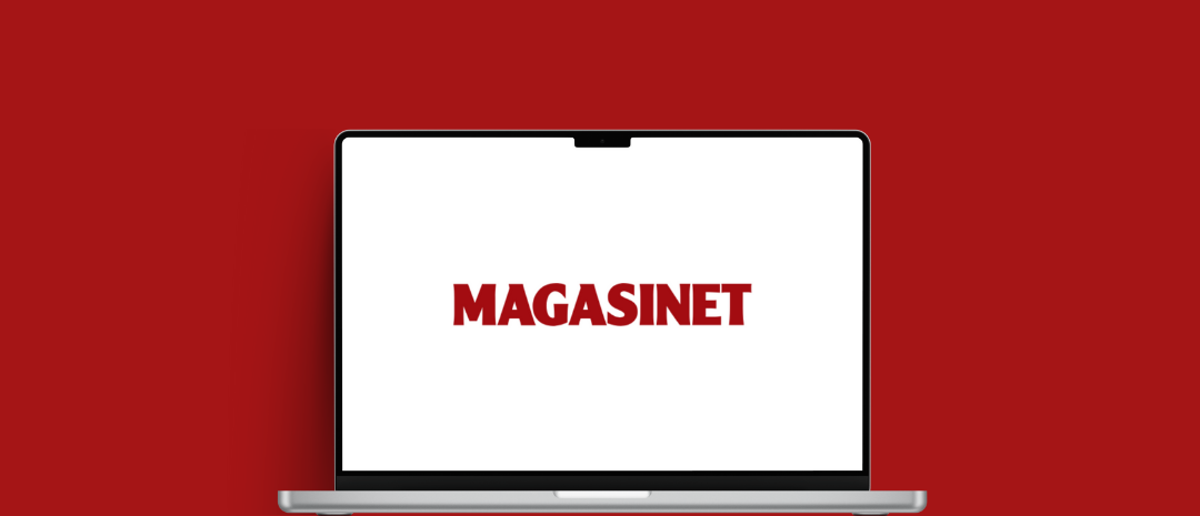 Magasinet sin logo på en hvit skjerm på en oppslått macbook