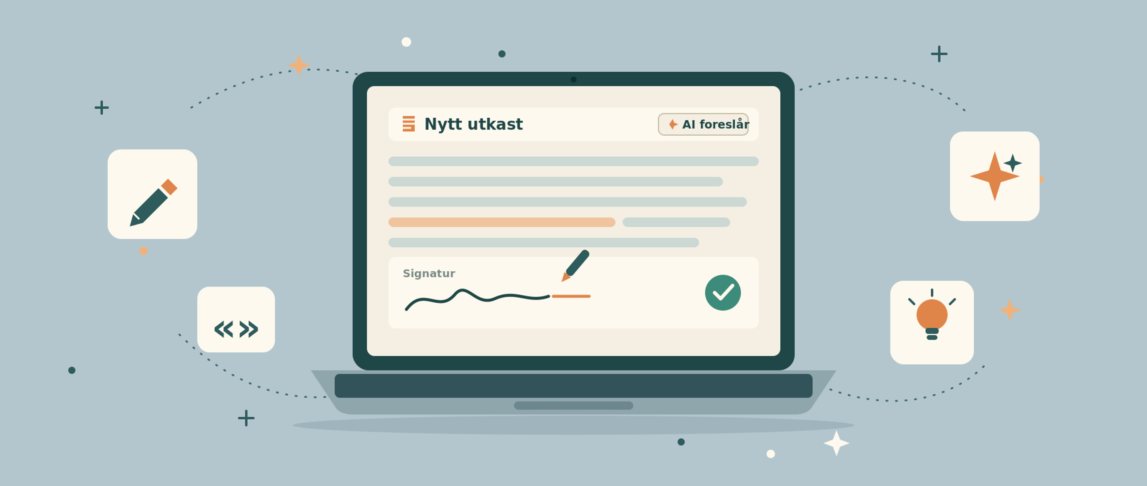 Illustrasjon: laptop med tekstutkast der AI foreslår og mennesket signerer — penn, sitat- og idé-ikoner rundt