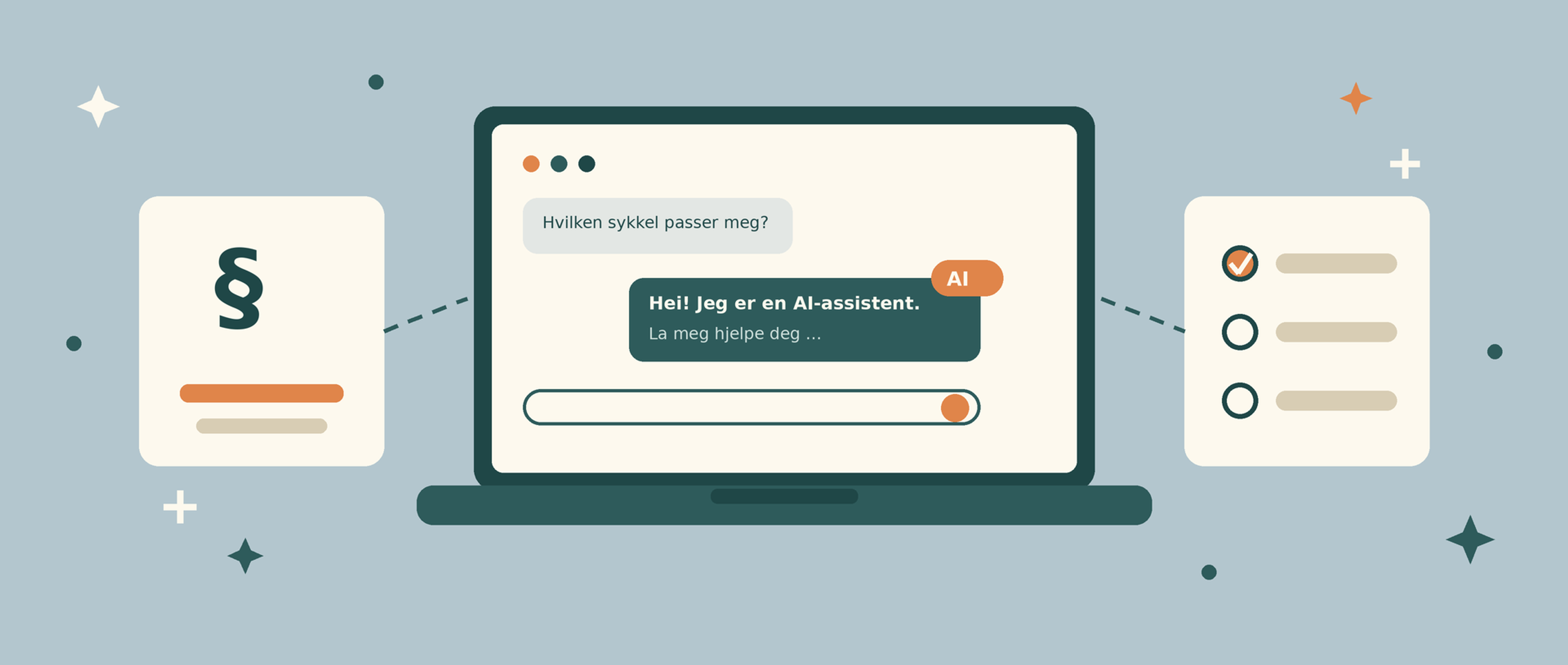 Illustrasjon av en nettbutikk-chat der en AI-assistent identifiserer seg, omgitt av et lovsymbol og en sjekkliste.