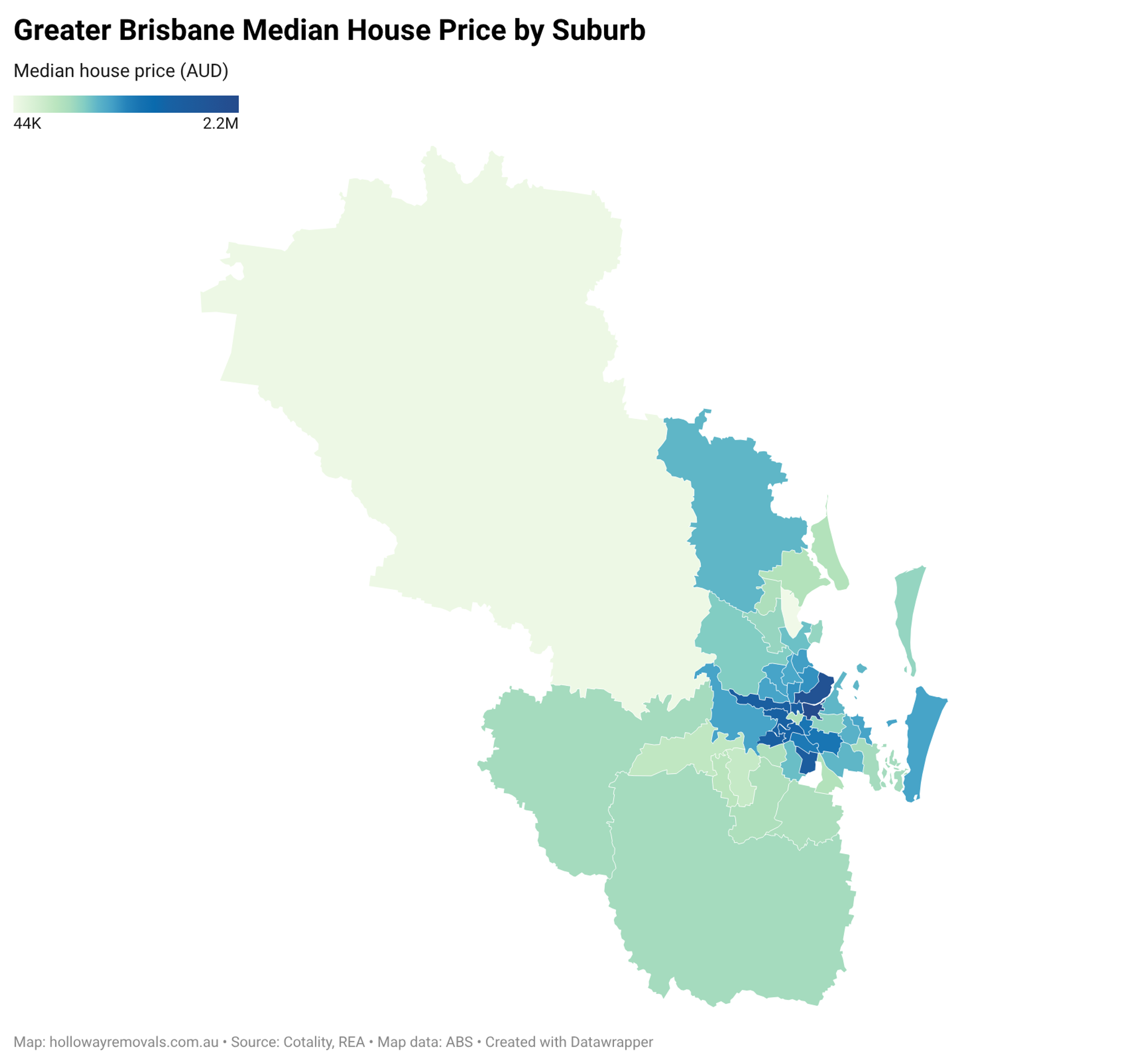 Heat map of Greater Brisbane median house prices by suburb