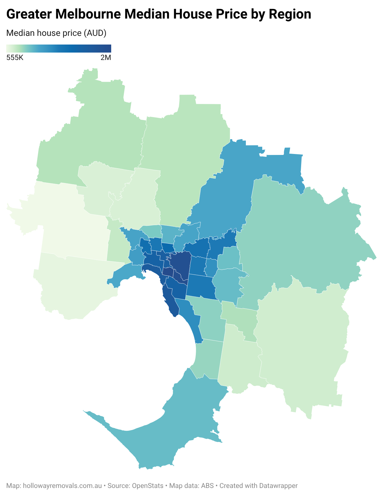 A heat map of Greater Melbourne showing median house prices from $555K (light green) to $2M (dark blue)
