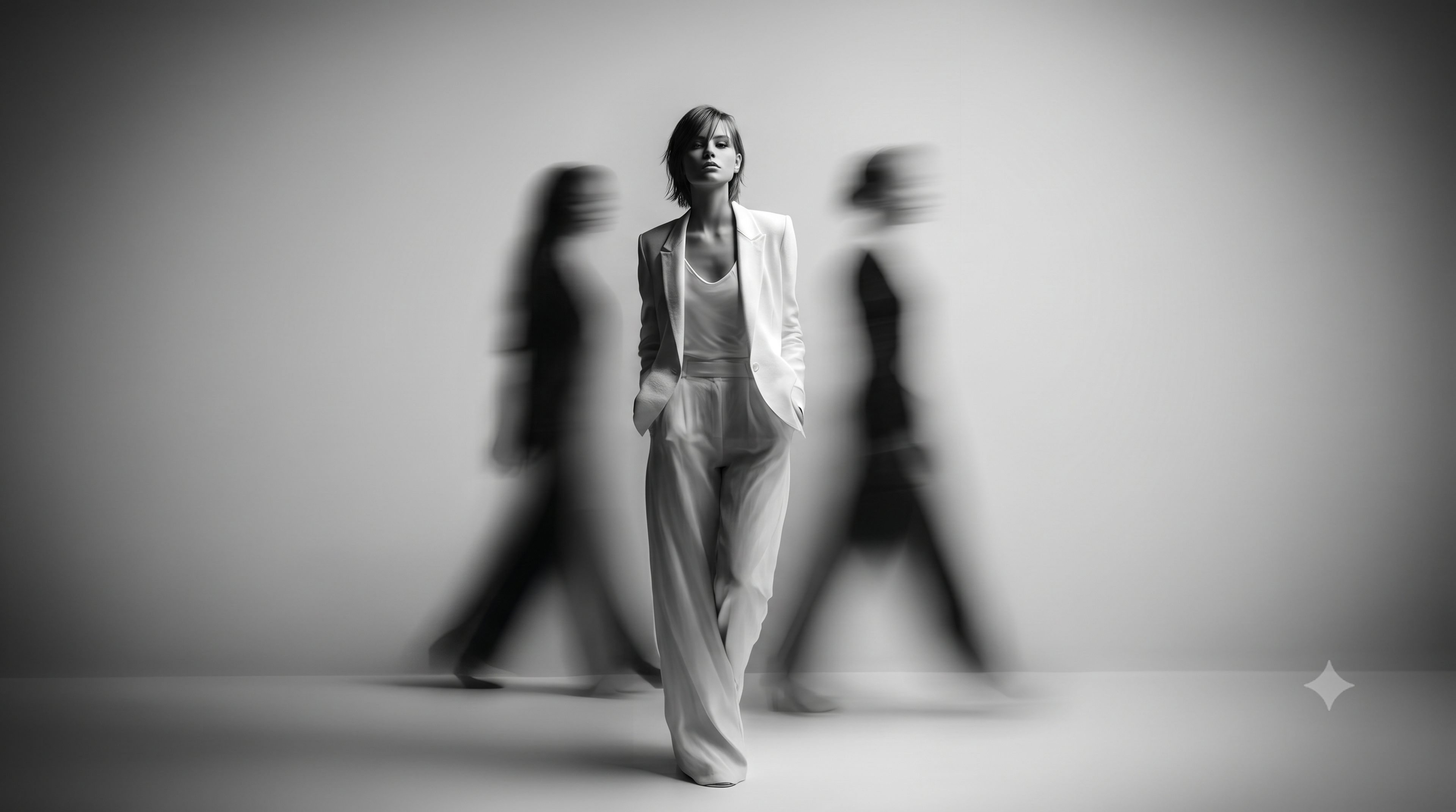 Turkish Wears cover — a black-and-white studio shot of a model in a white trouser suit standing still while other figures blur past her.