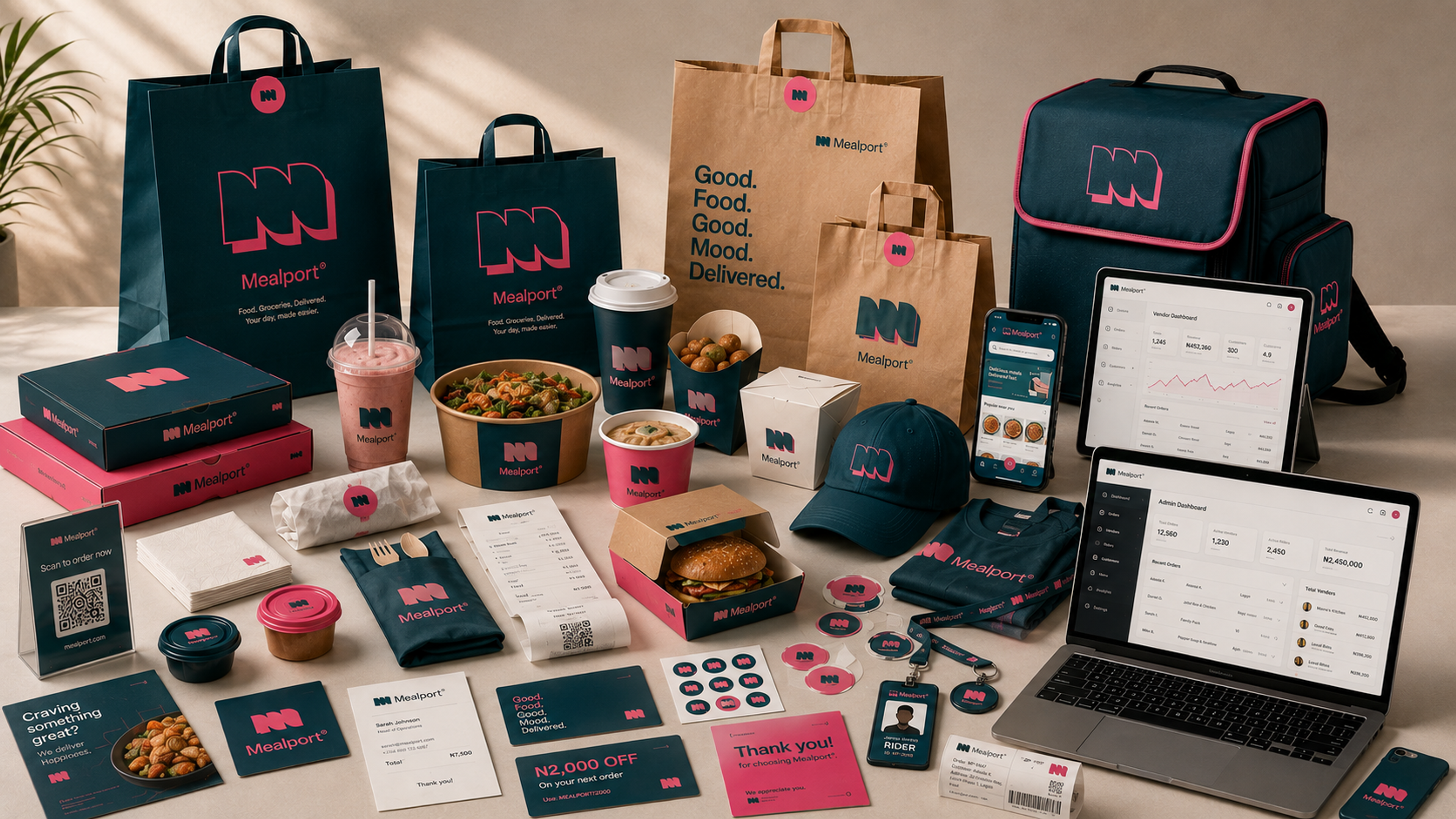 The Mealport identity applied across the delivery kit — teal and pink carrier bags, food boxes, cups and cartons, a rider's cap, t-shirt, ID badge and insulated backpack, stickers, loyalty cards and receipts, with the customer app and vendor dashboards on phone, tablet and laptop, every piece carrying the arched M mark.