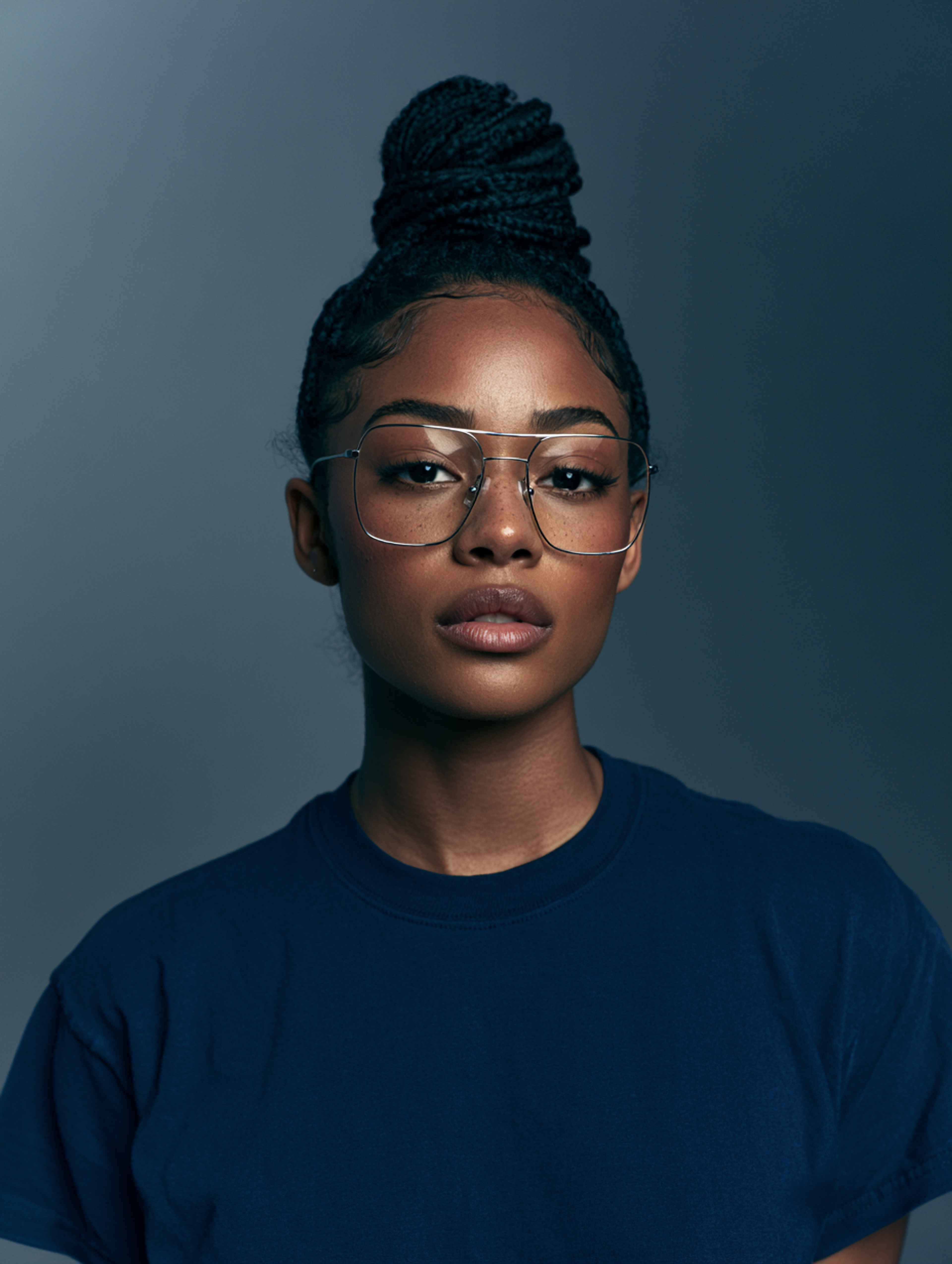 Grace Opata — studio portrait, in wire-framed glasses and a navy t-shirt, hair worn in a top knot, against a blue-grey backdrop.