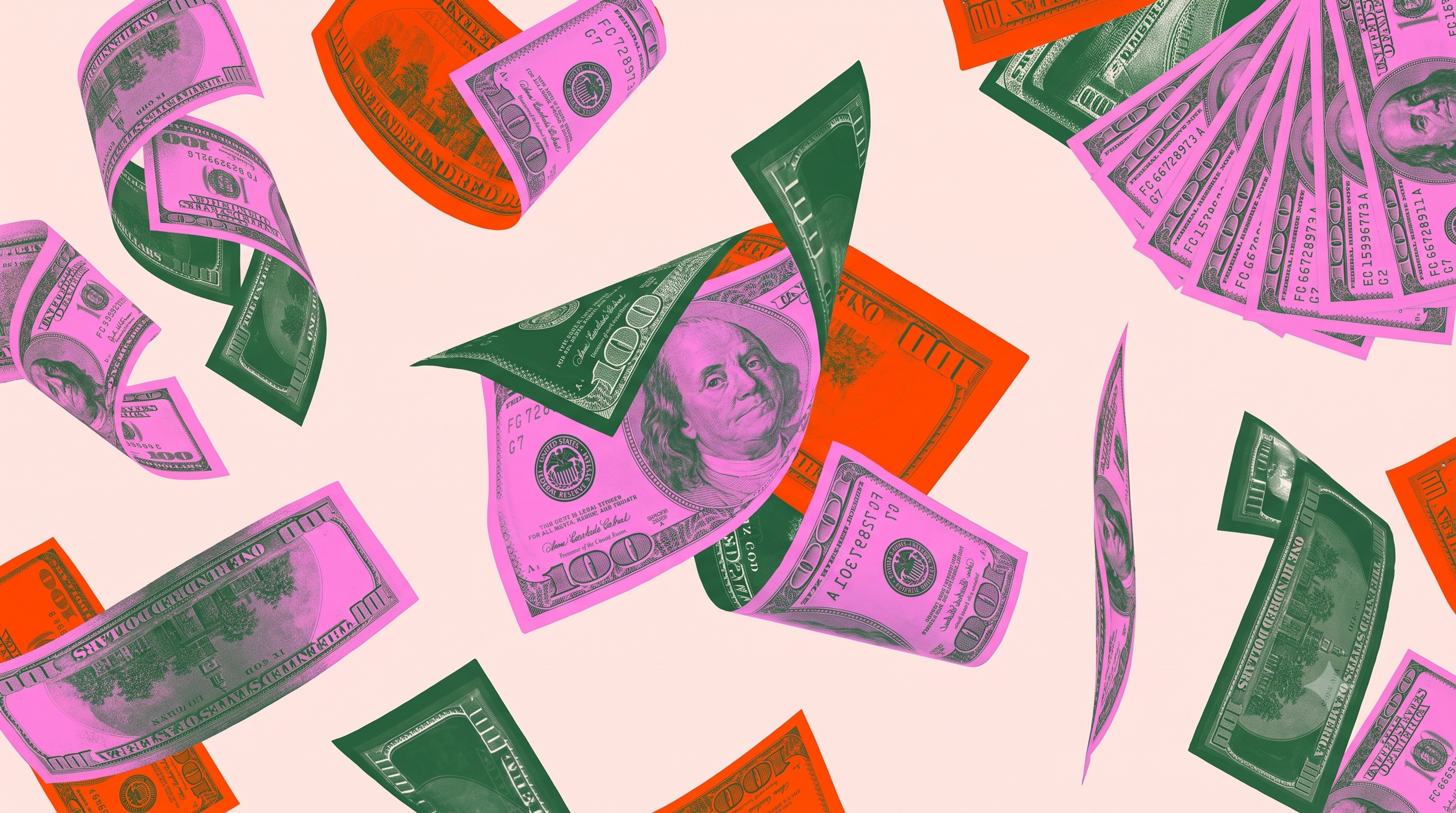 CrediBE cover — a risograph-style collage of scattered banknotes printed in pink and green on a pale blush ground.