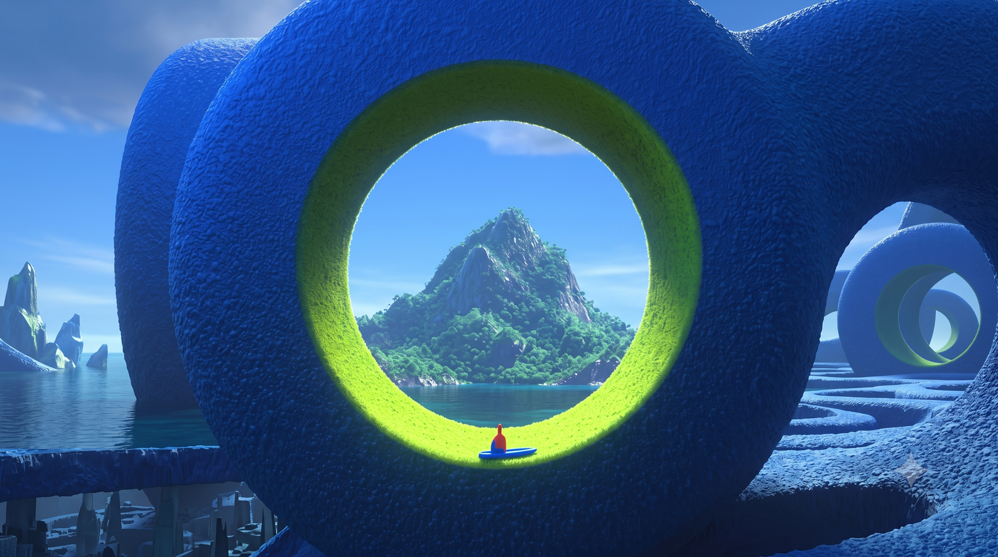 AutoStandup cover — a 3D render of vast blue rings on a calm sea, the nearest one lit acid green and framing a distant green island with a single figure in a boat.