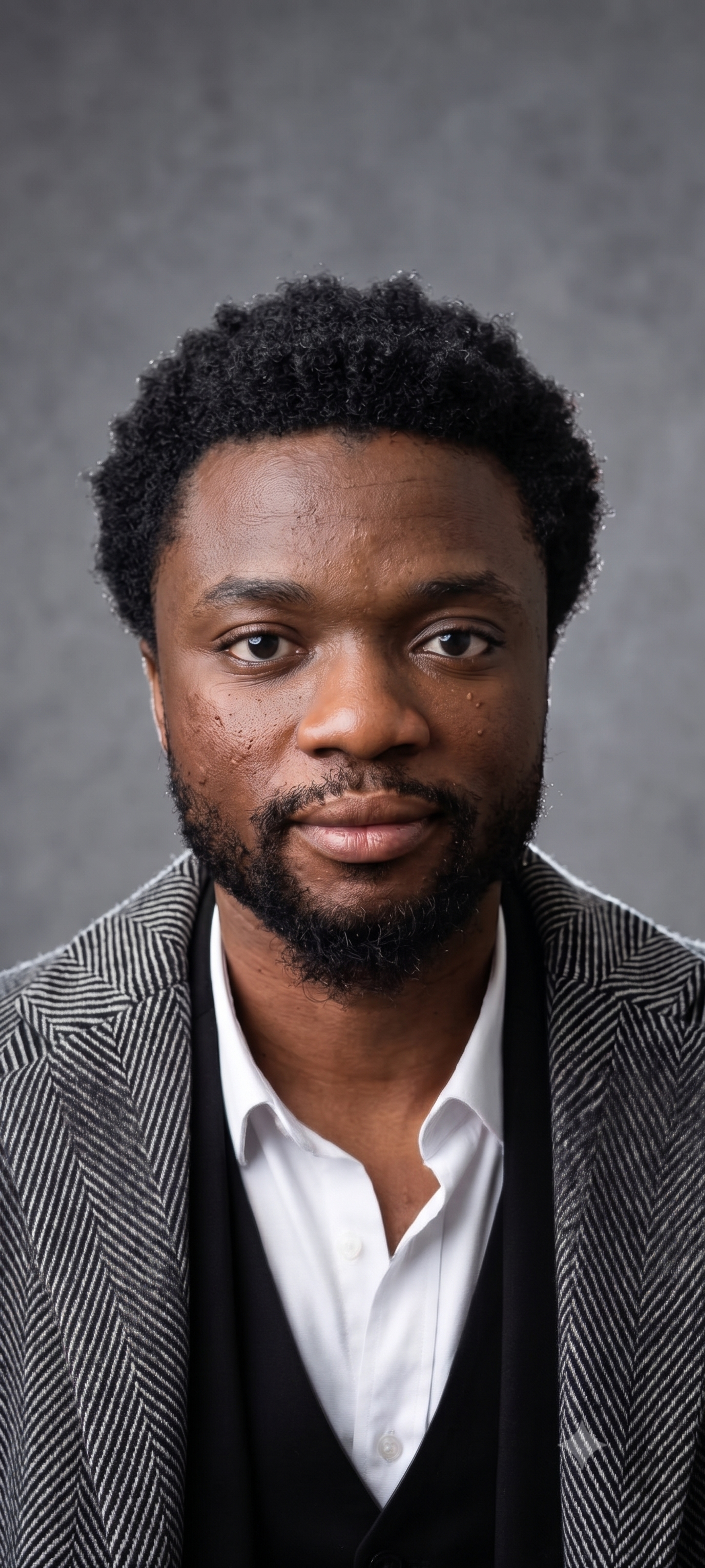 Benjamin Oguntoye — studio portrait, in a herringbone jacket and open white shirt against a textured grey backdrop.