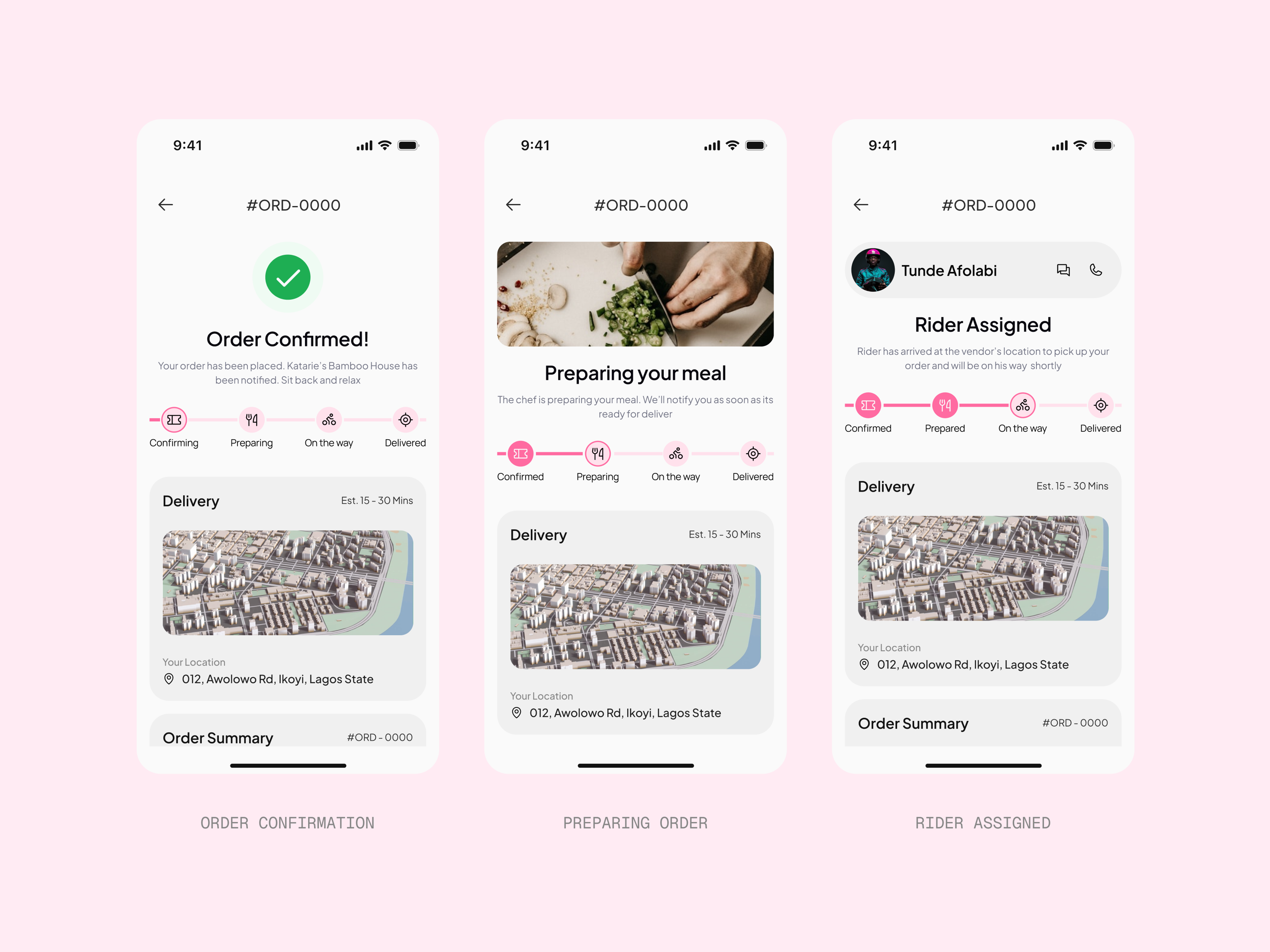 The first half of the tracking flow — order confirmed, the chef preparing the meal, and a rider assigned by name with a call and message button, the four-stage tracker filling in pink across all three screens.