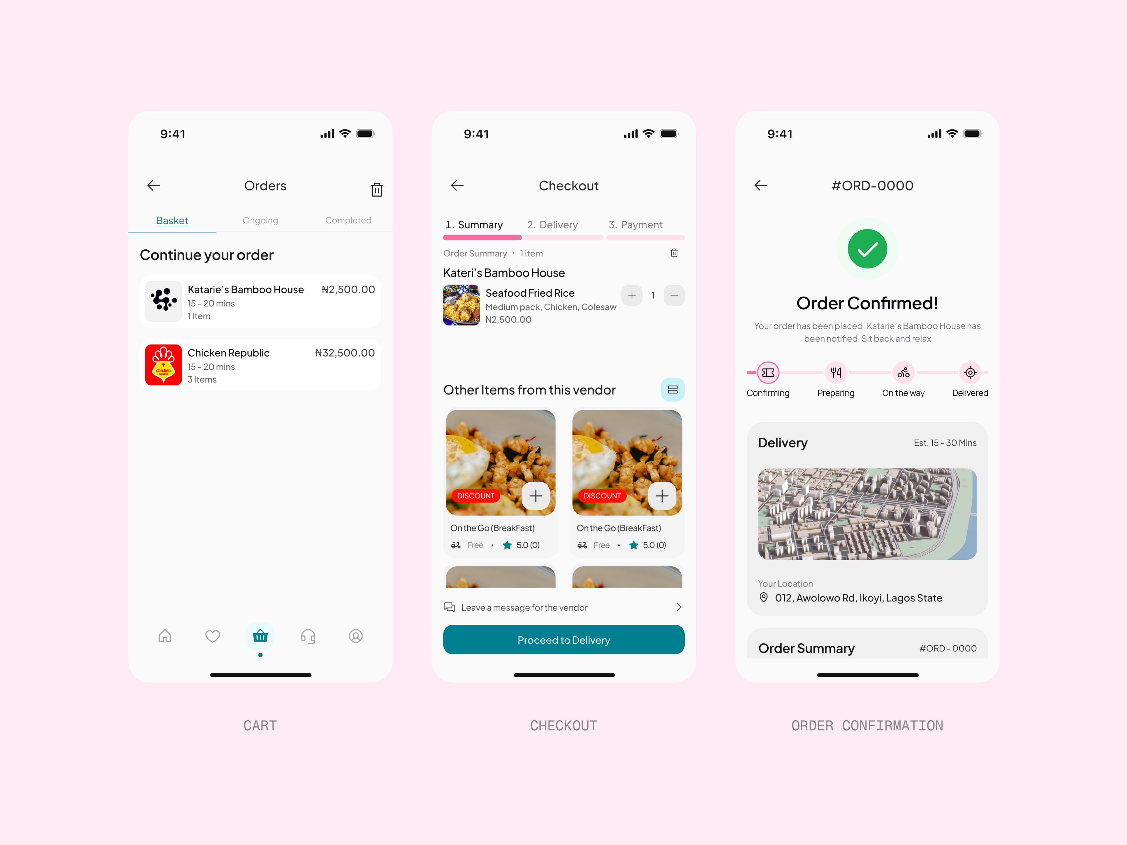The order continued across three screens — a basket holding two vendors, a checkout summary with delivery and payment still ahead, and the confirmation showing the order accepted with a map and a four-stage delivery tracker.
