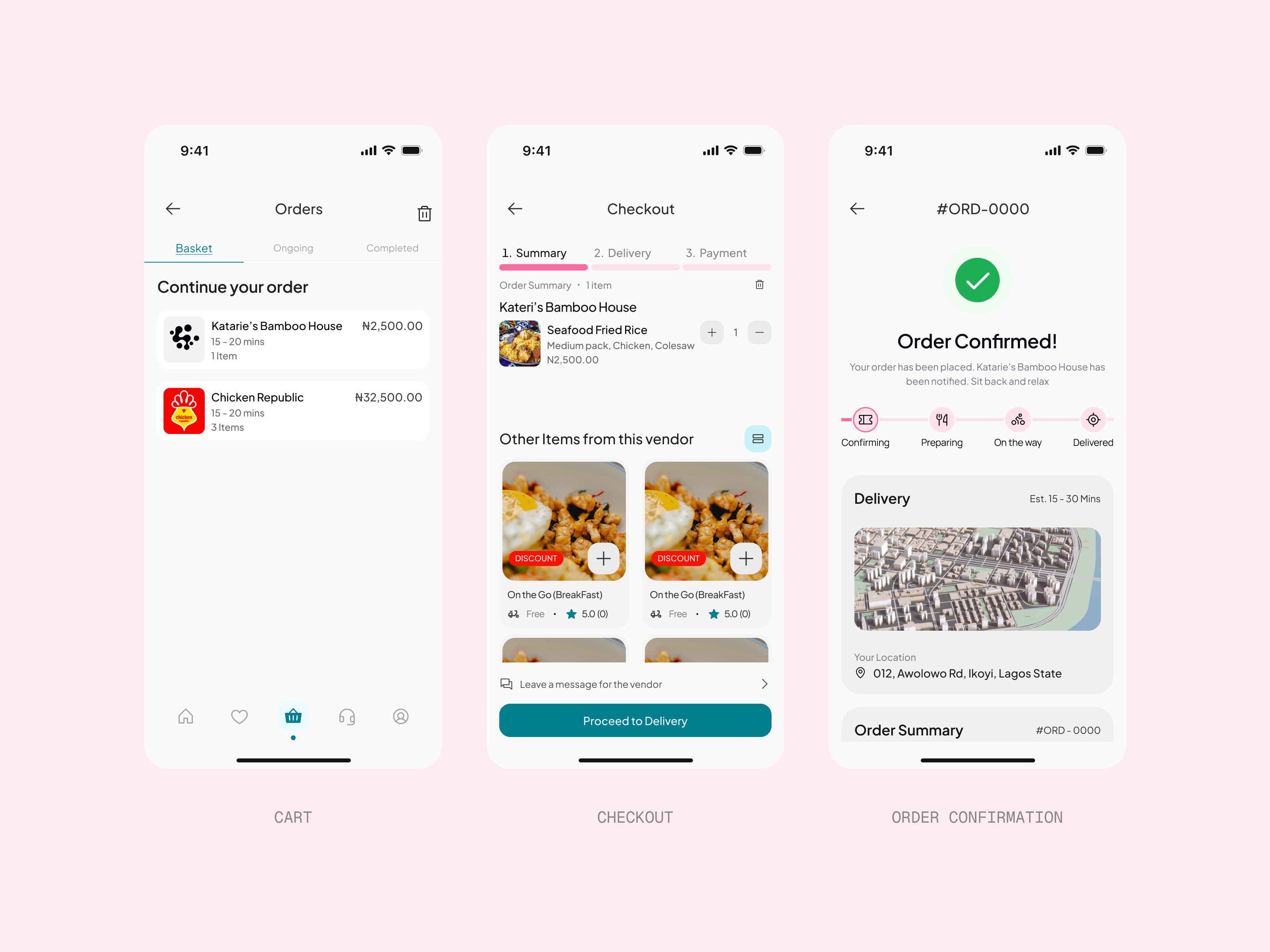 The order continued across three screens — a basket holding two vendors, a checkout summary with delivery and payment still ahead, and the confirmation showing the order accepted with a map and a four-stage delivery tracker.