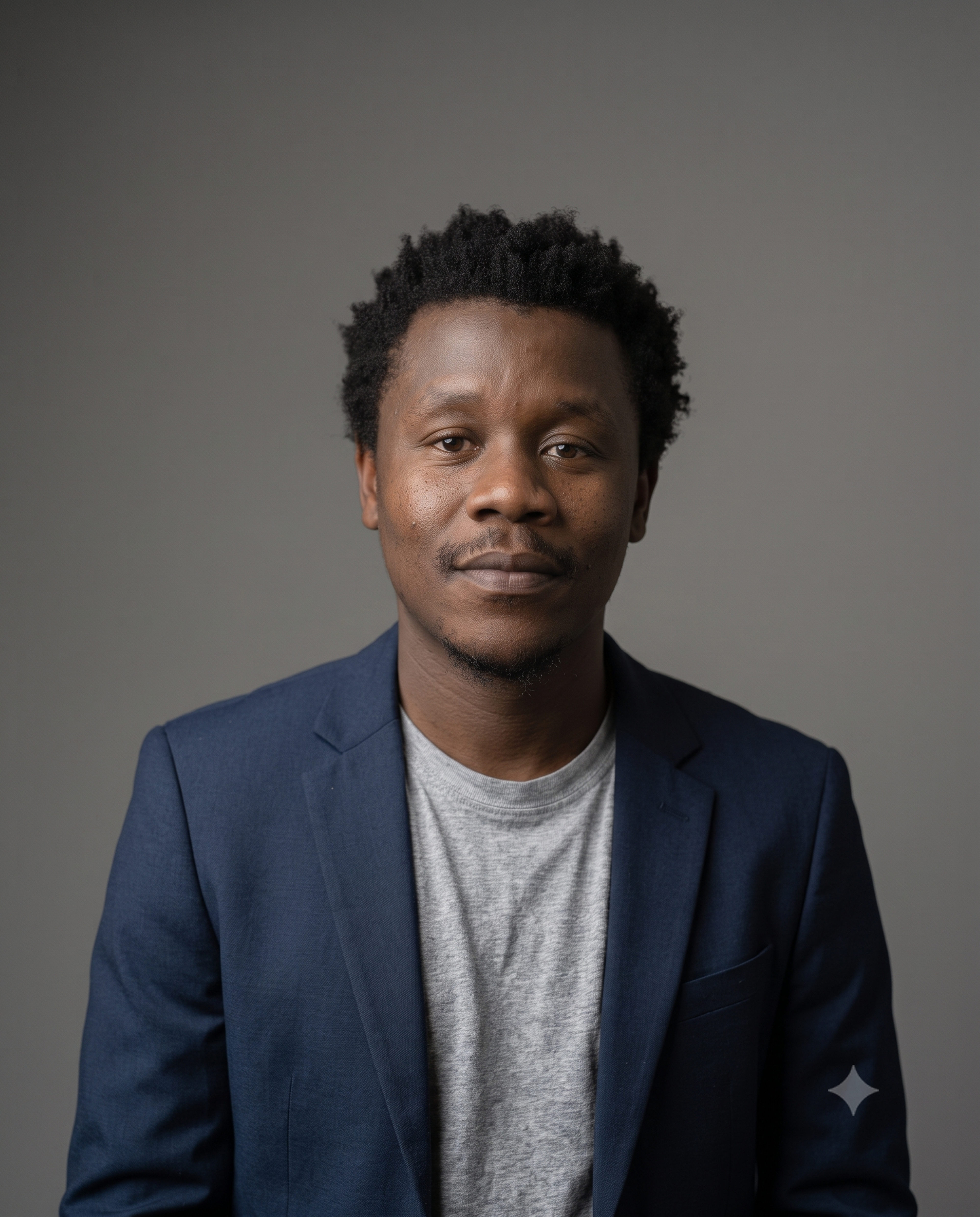 Benedict Chibuzor — studio portrait, in a navy blazer over a grey t-shirt against a warm grey backdrop.