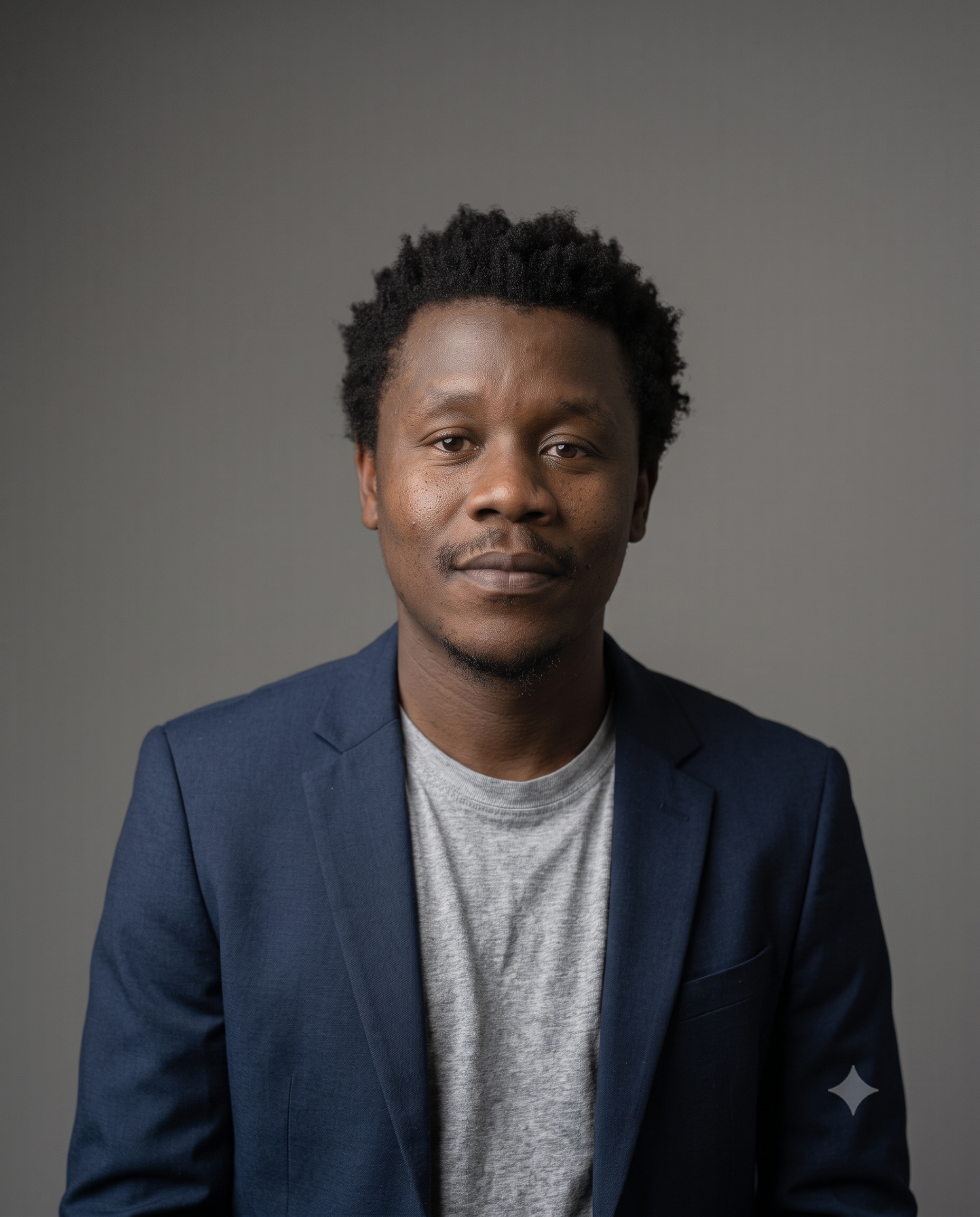 Benedict Chibuzor — studio portrait, in a navy blazer over a grey t-shirt against a warm grey backdrop.