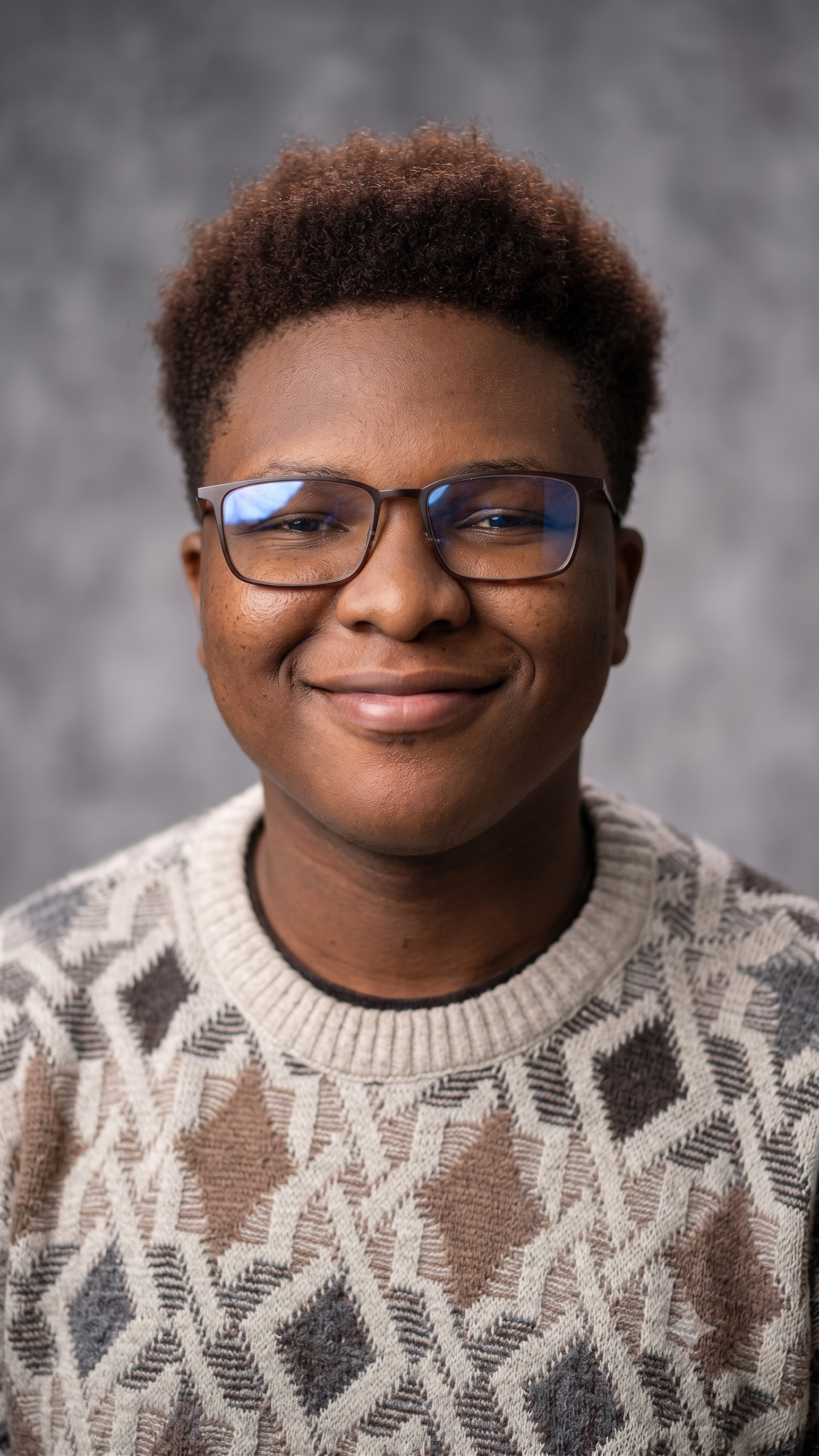 Dami Shemfe — studio portrait, in glasses and a patterned knit sweater against a soft grey backdrop.