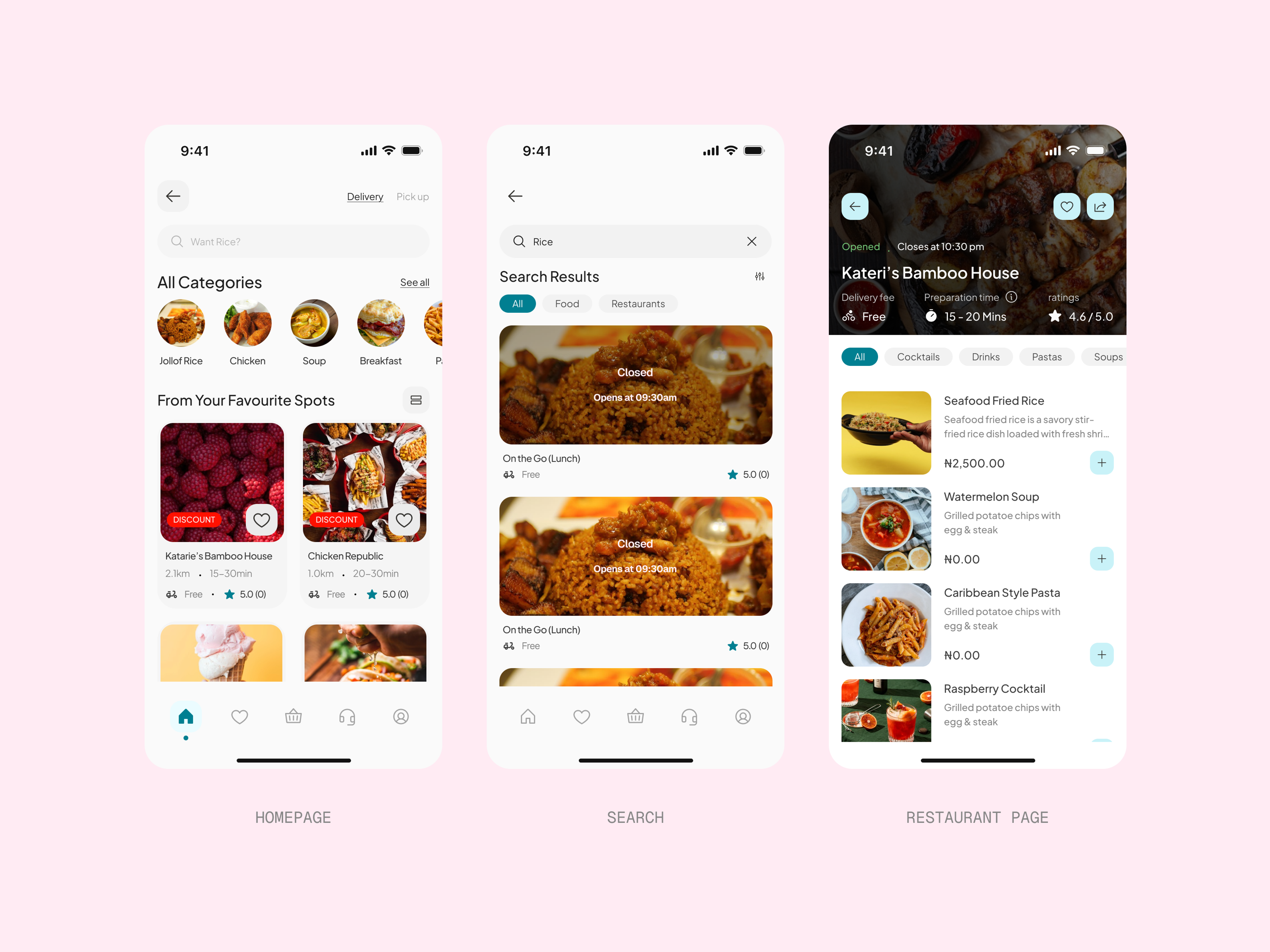 Three Mealport phone screens on pink — the homepage with its category row and favourite spots, a search for “Rice” returning closed vendors, and Kateri's Bamboo House with its menu, delivery fee, preparation time and rating.