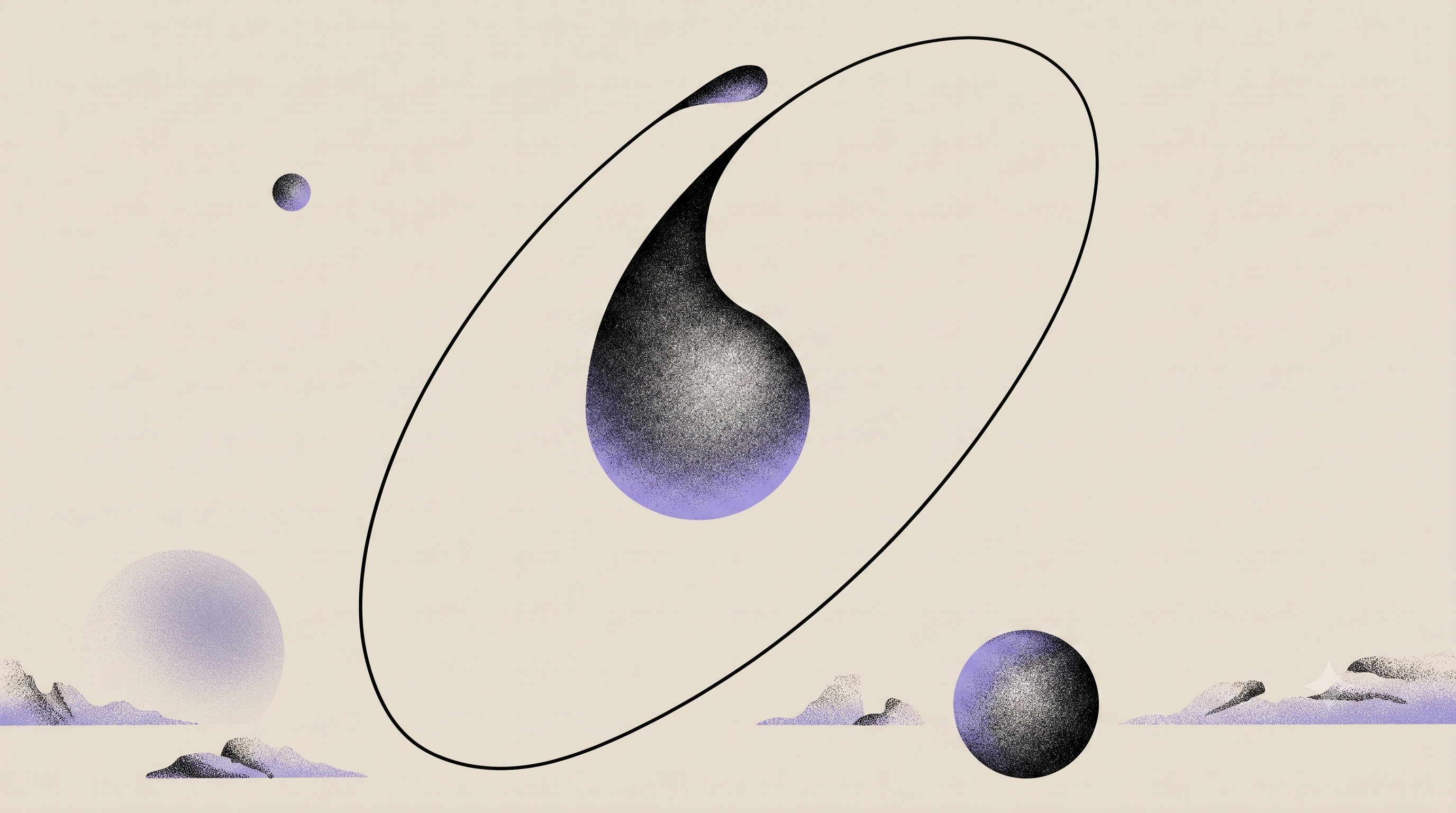 OmniRelay cover — a grainy black-and-violet droplet encircled by a thin orbital ring, floating over a pale desert horizon.