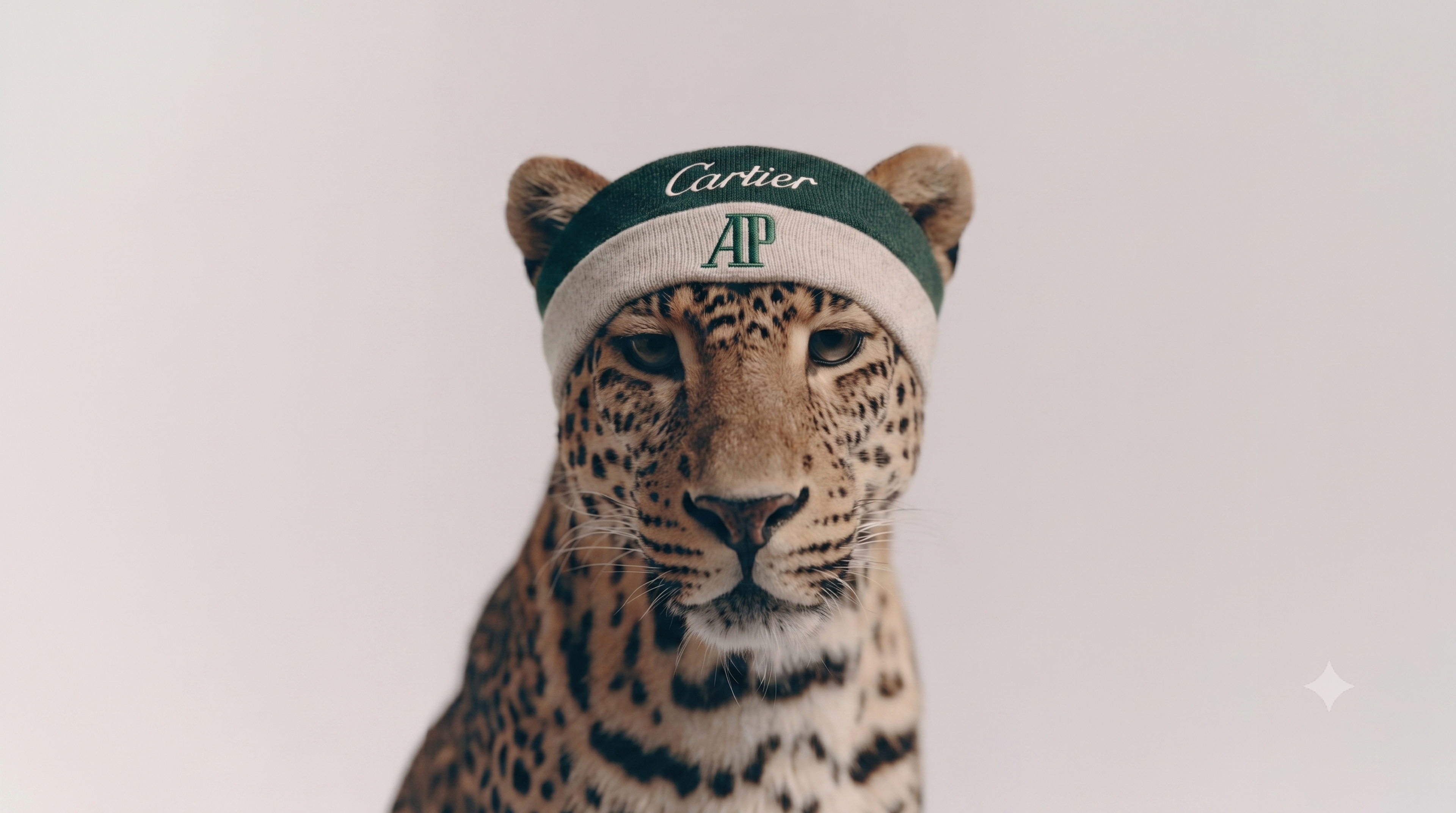 Nur cover — a leopard facing the camera in a soft grey studio, wearing a green and white branded sports headband.