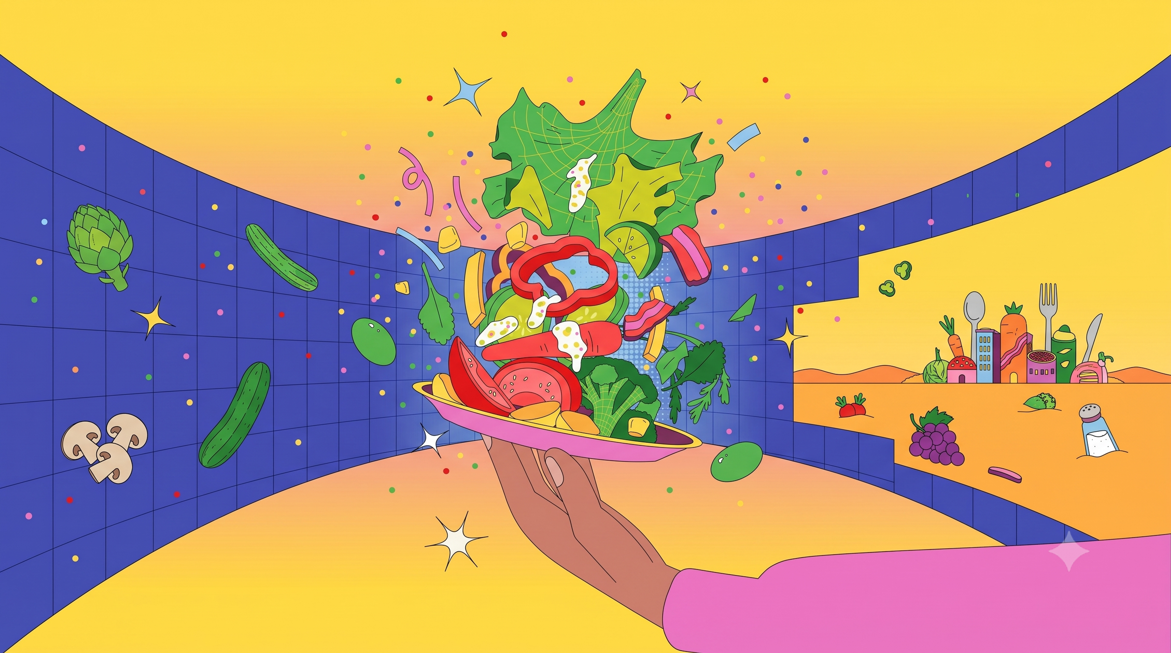 Mealport cover — a flat illustration of an outstretched hand holding a plate, fresh produce bursting upward from it, against a yellow and blue tiled tunnel.