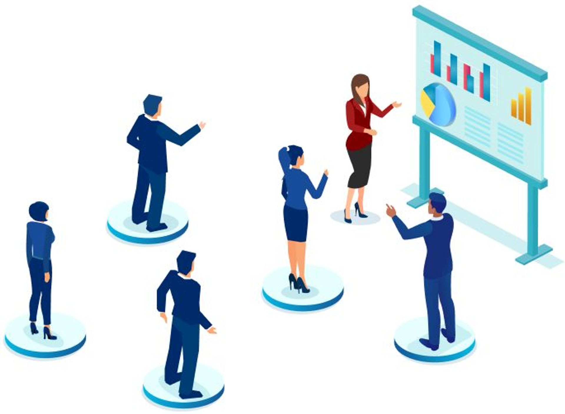 Decorative illustration of business people watching business woman present charts and graphs on a display board.