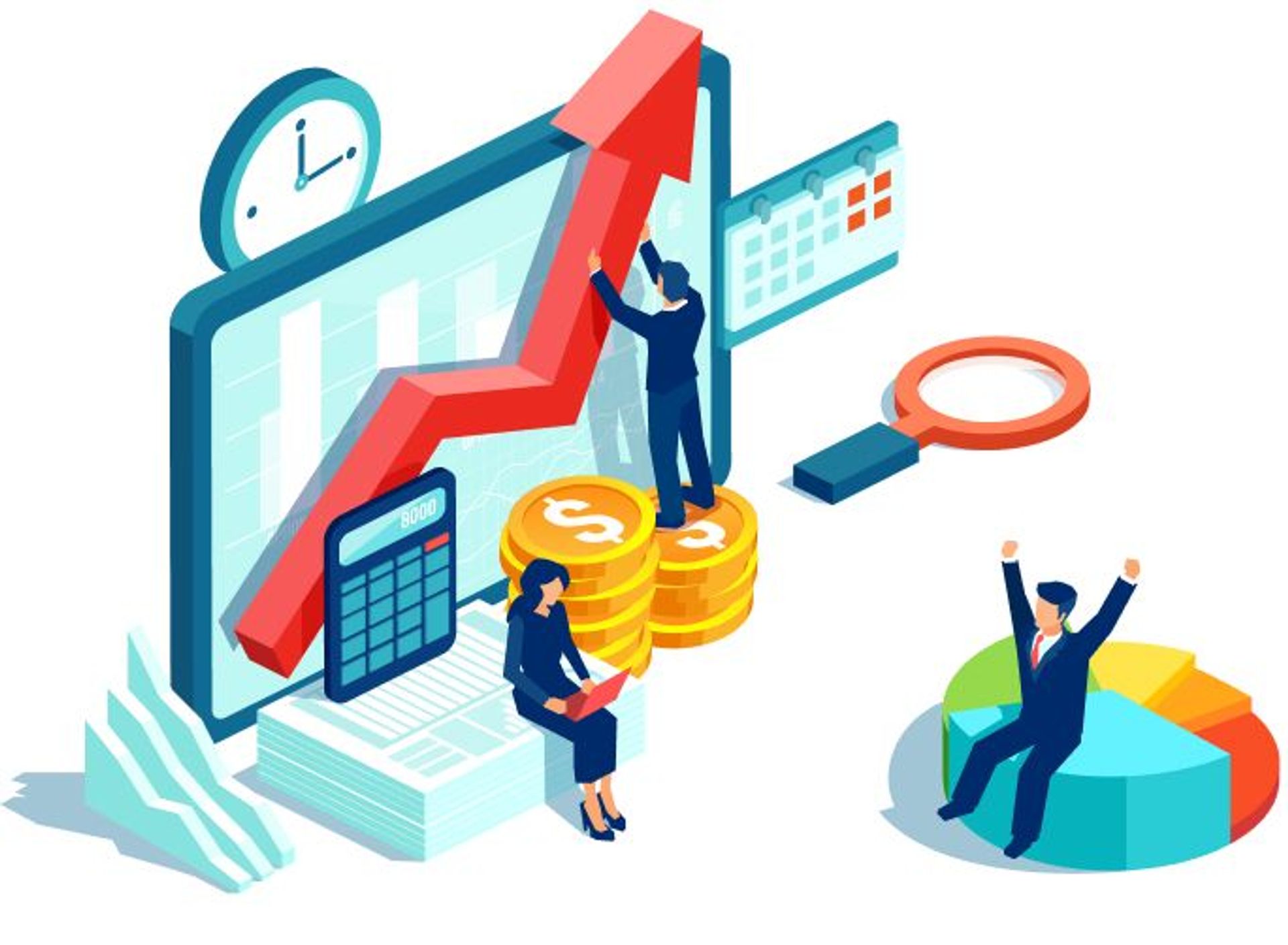 Decorative illustration of business people and charts and graph business concepts.
