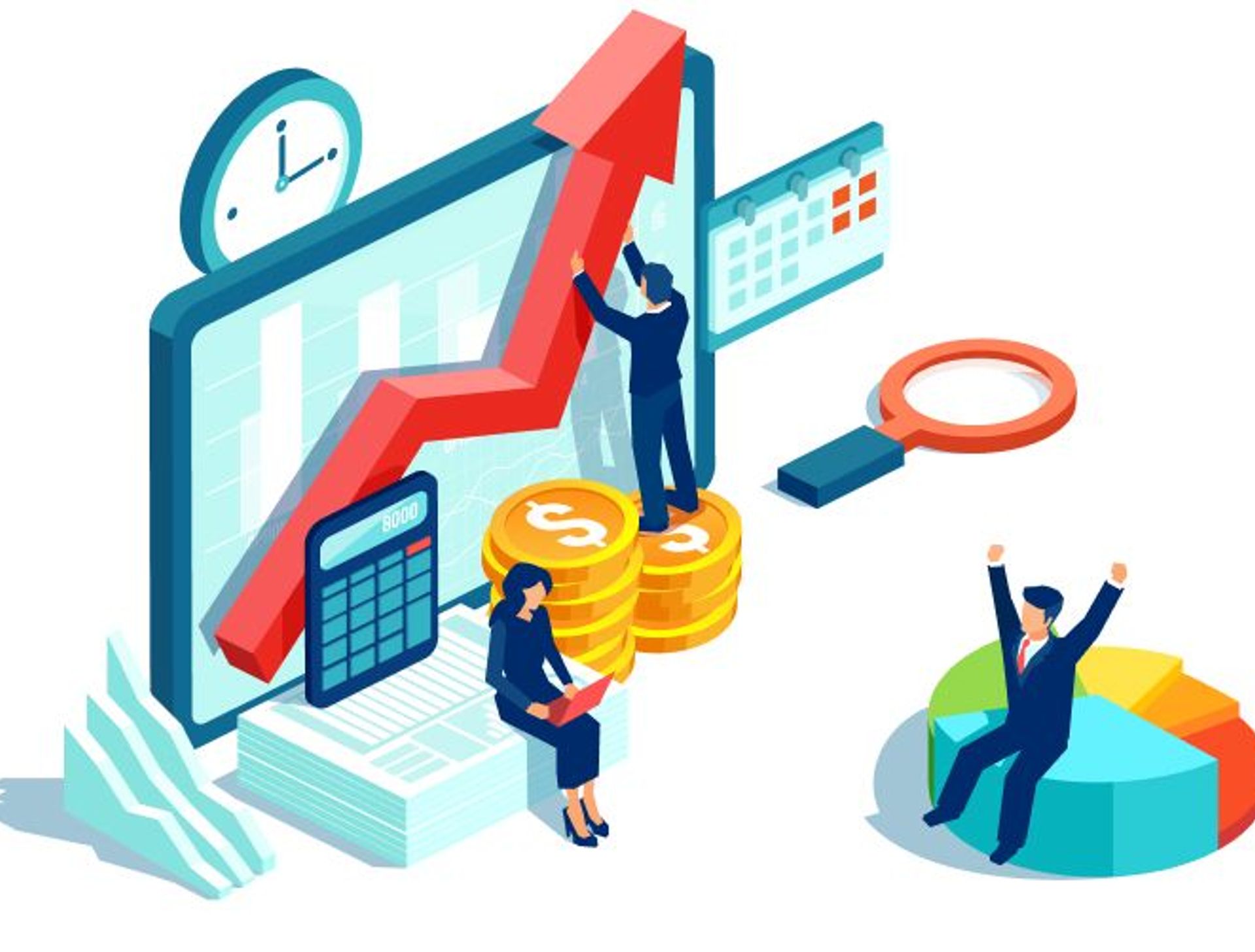 Decorative illustration of business people and charts and graph business concepts.