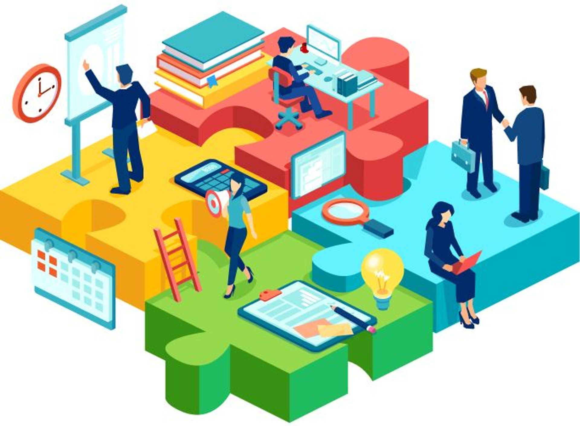 Decorative illustration of business people conducting various business activities standing on top of puzzle pieces. 