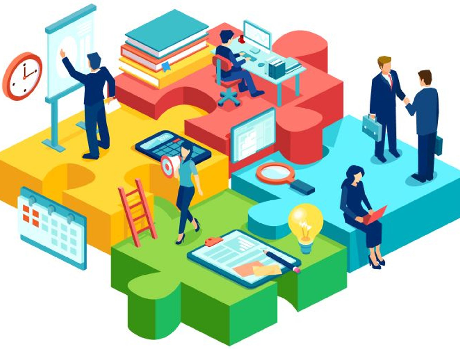 Decorative illustration of business people conducting various business activities standing on top of puzzle pieces.