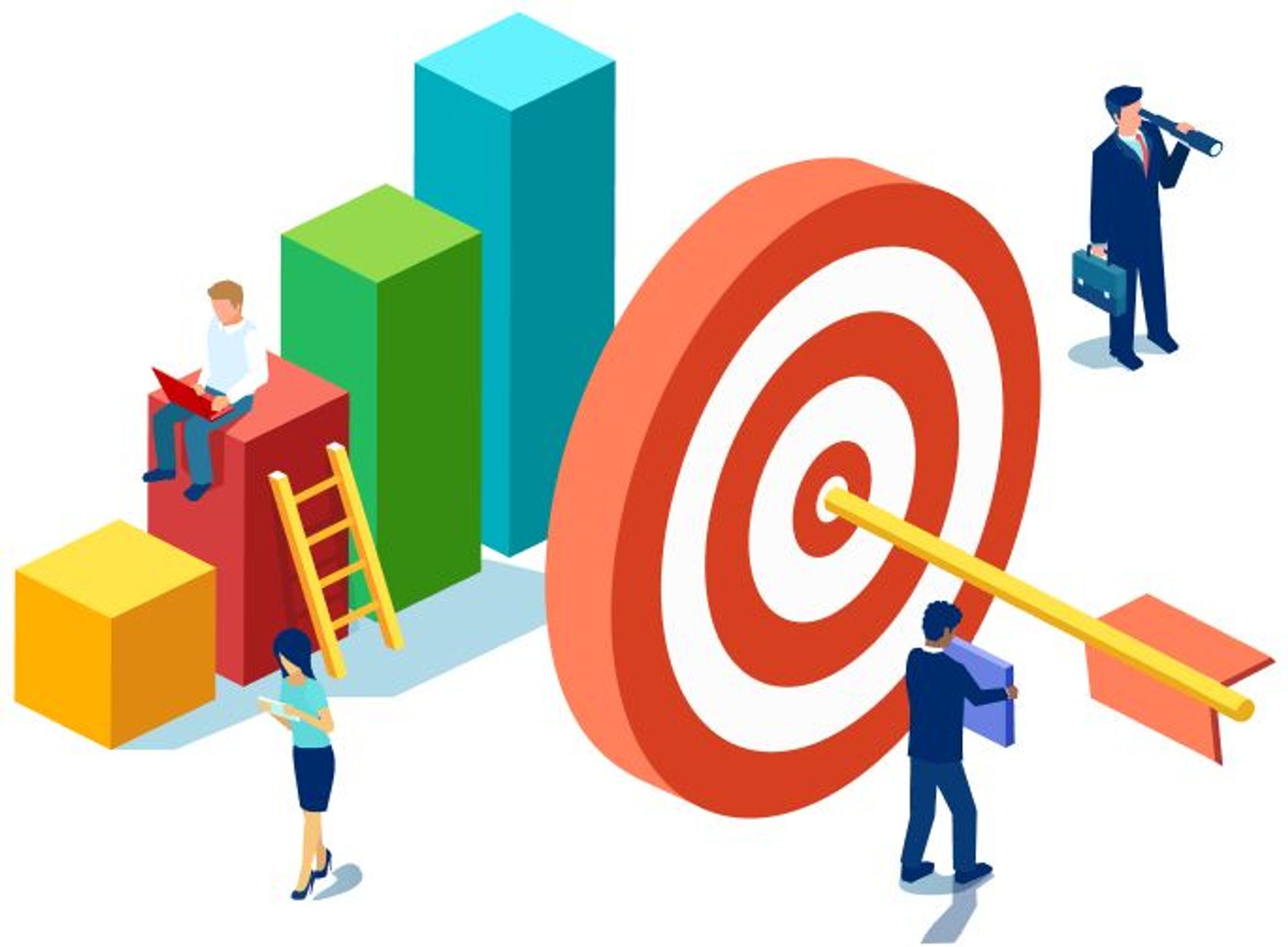 Decorative illustration of business people and concepts.