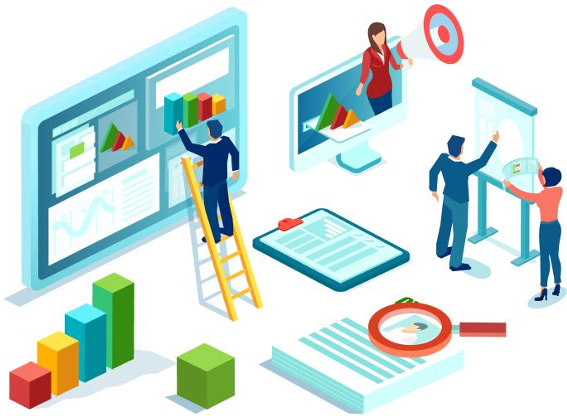 Decorative illustration of business people with various business charts and graphs.
