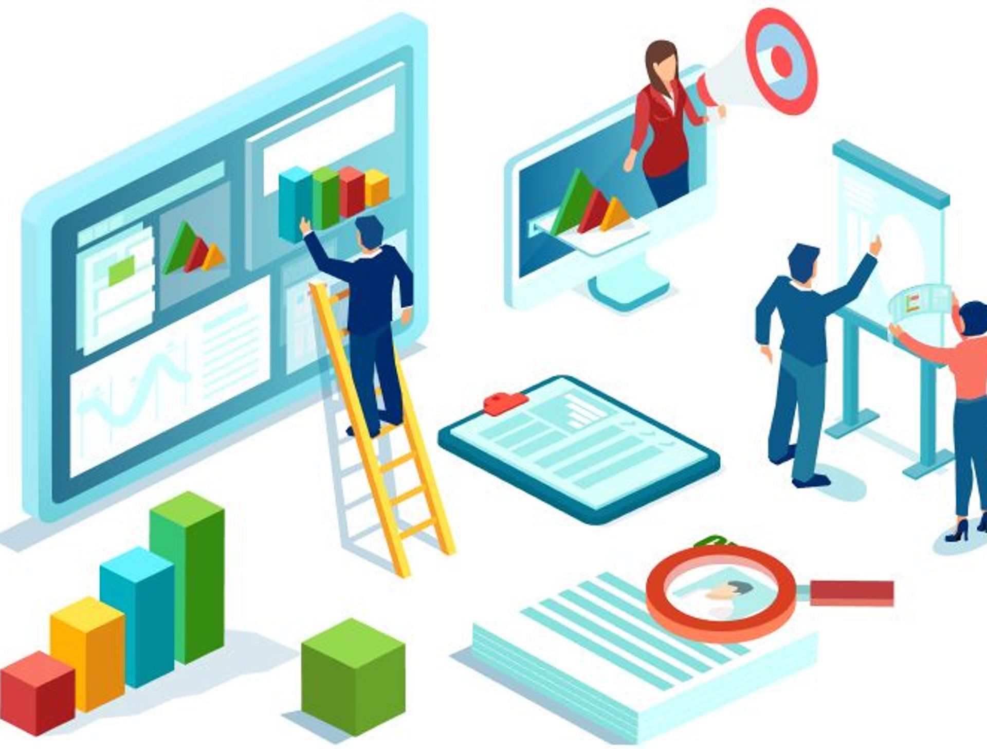 Decorative illustration of business people with various business charts and graphs.
