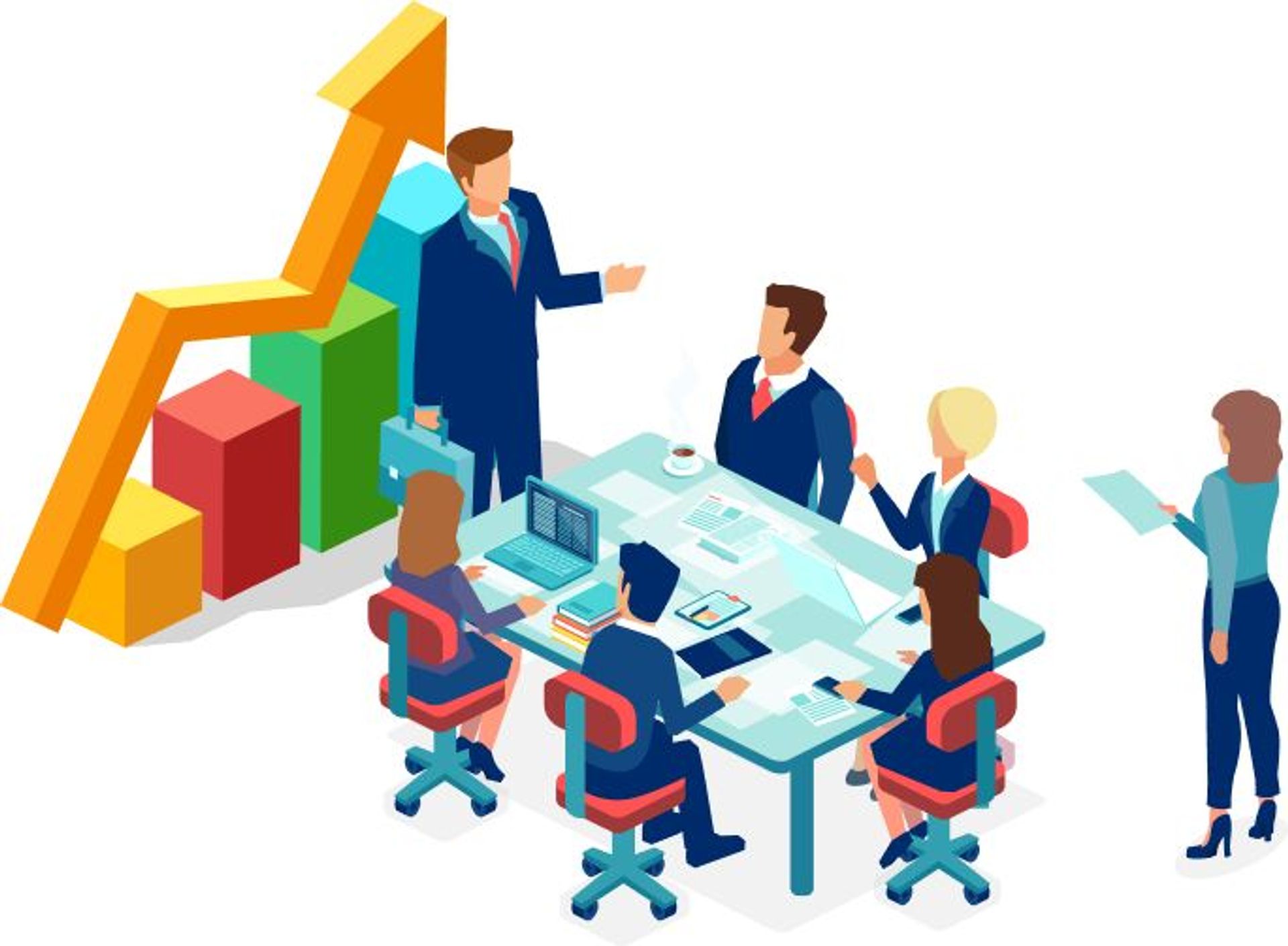 Decorative illustration of a business man instructing business people sitting at a table.